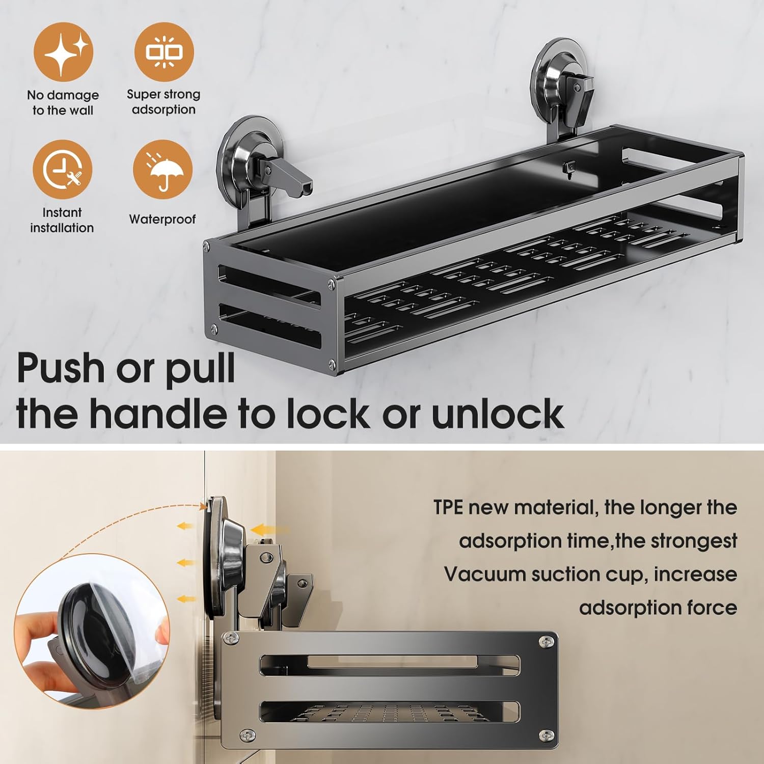 Shower Caddy Suction Cup, 11.8 inch 2 Pack Suction Shower Shelf with Hooks NO-Drilling Bathroom Holder, Rustproof Bathroom Organizer, Dark Grey