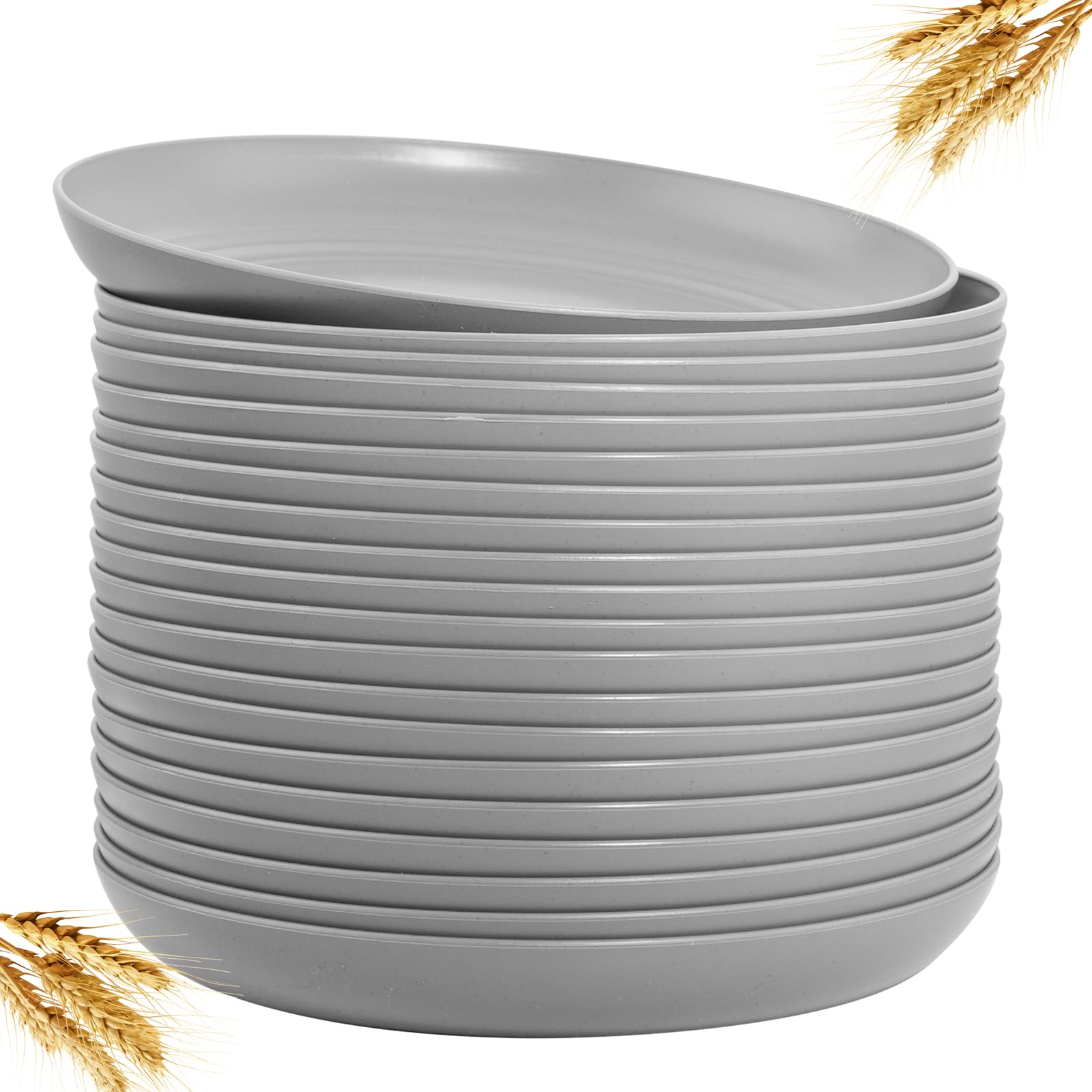 LIYH 24pcs Wheat Straw Plates,9 Inch Unbreakable Dinner Plates, Dishwasher & Microwave Safe Plastic Grey Plates Reusable, Camping Plates Outdoor