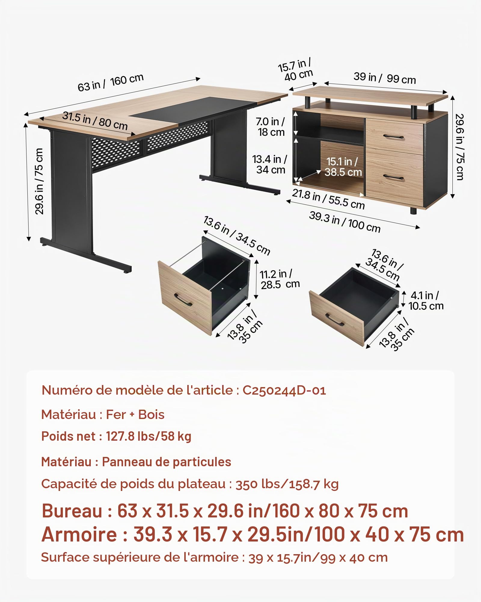 VEVOR Bureau de Direction en L, Charge de 158,7 kg, Bureau d'ordinateur Moderne et réversible avec tiroirs et Armoire de Rangement, Grande Table d'étude en Bois Robuste, pour Travail et écriture