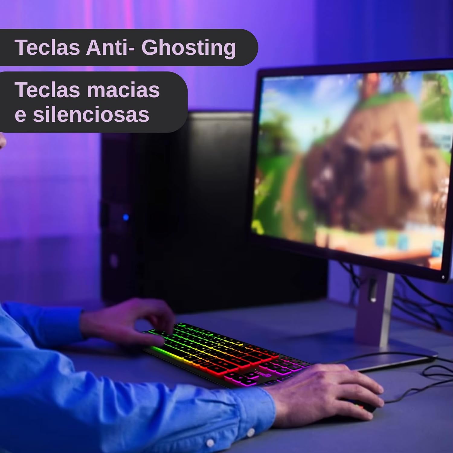 Teclado Gamer LED RGB USB ABNT2 com Fio, 107 Teclas, Anti-Ghosting, Padrão Brasileiro com Tecla ''Ç'' – Compatível com PC/Windows/Linux/Mac, com Iluminação Rainbow, Macio e Silencioso