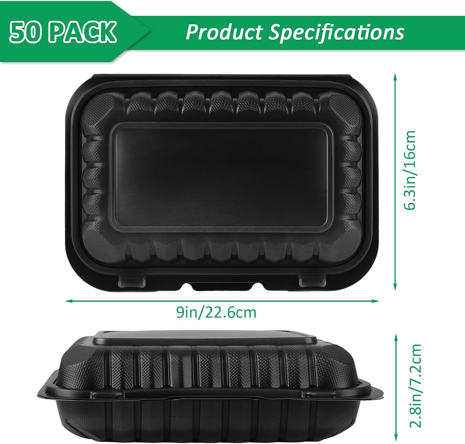 WOPPLXY 50 Pack 27 OZ Clamshell Food Containers, 9 x 6 Inch Plastic To Go Containers with Lids, BPA Free Reusable Plastic Clamshell Take Out Containers, Disposable To Go Boxes for Food Storage, Black
