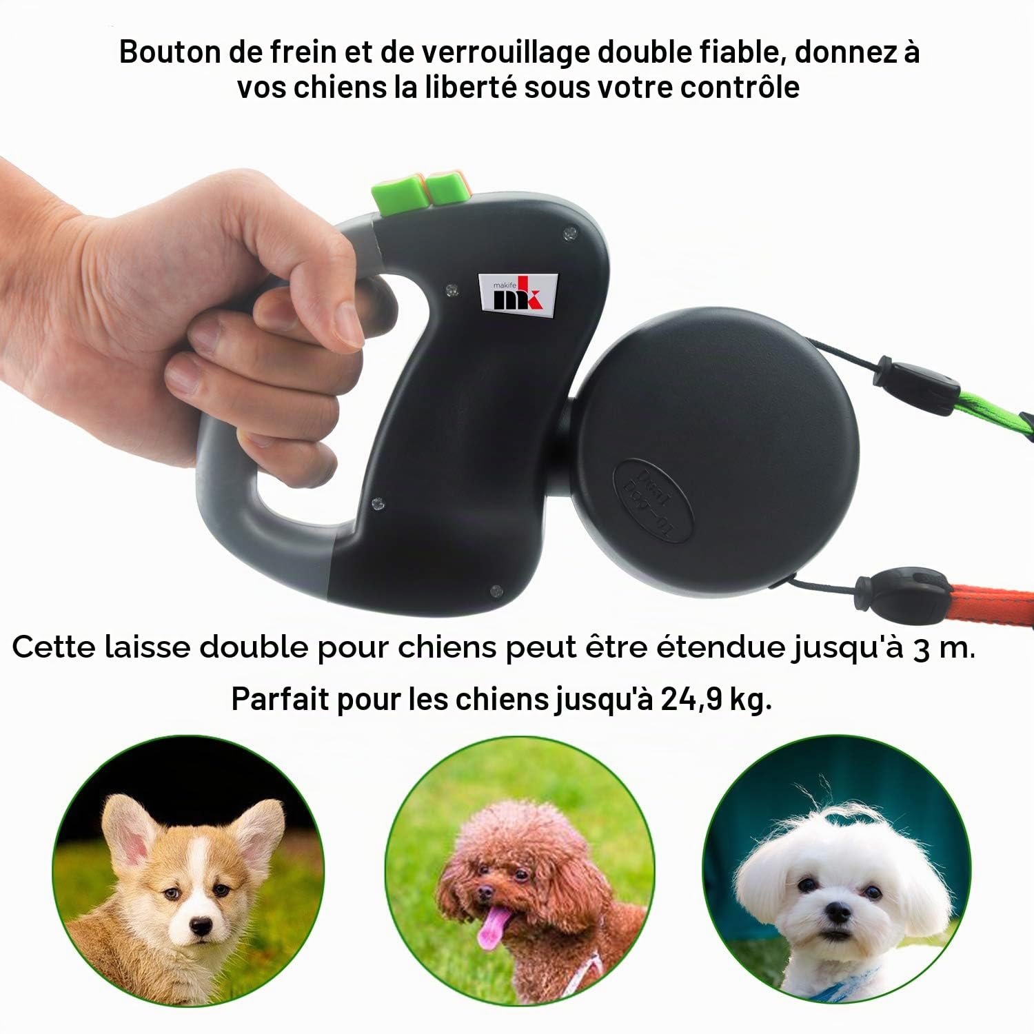 Laisse de Chien Rétractable Automatique Double pour 2 Chiens Extensible à 3 m 22.7kg par Laisse 15 pcs Sac pour Chien Noir Unie 300 cm