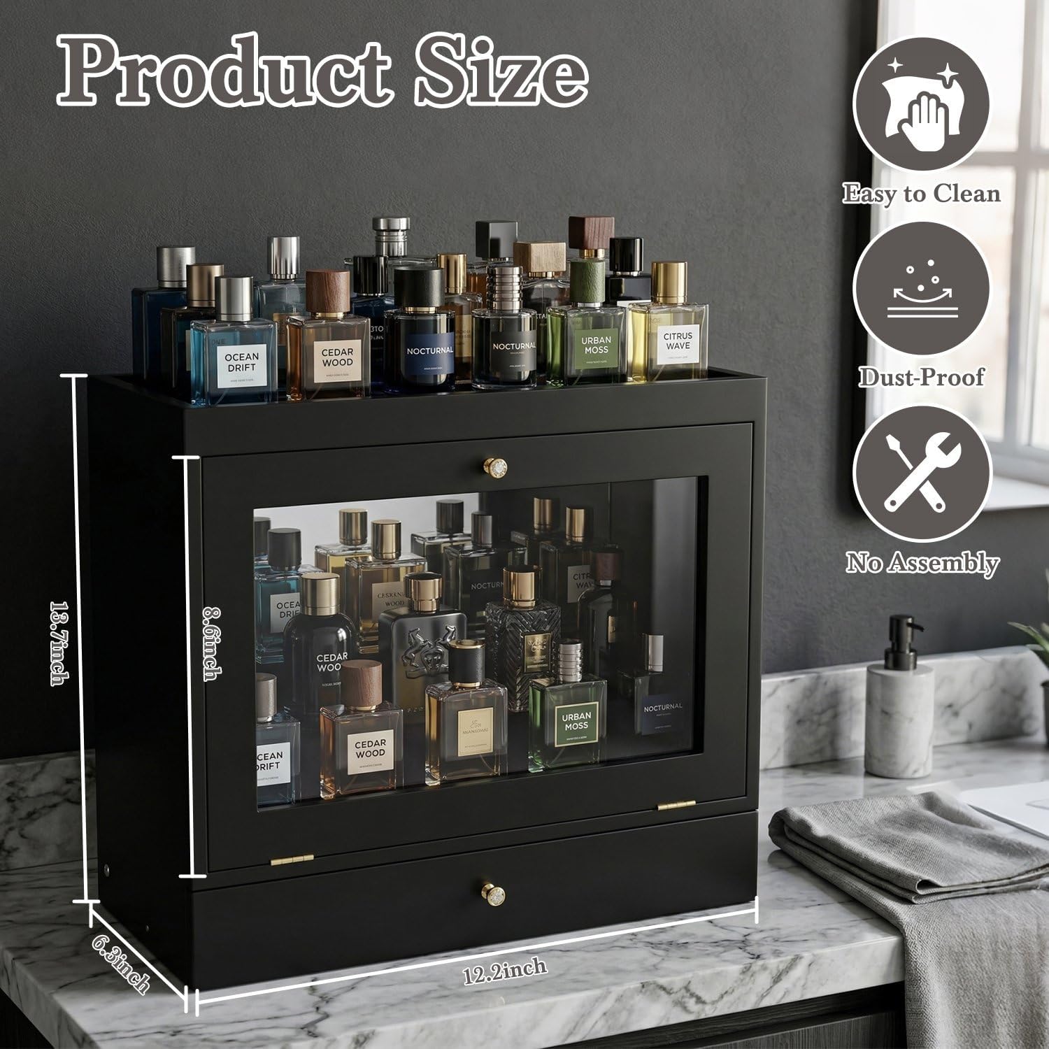 Cologne Organizer for Men, Large Capacity Solid Wood Perfume Organizer with Dustproof Acrylic Door and Drawer Storage, Display Cologne Stand for Dresser, Ideal Gift for Men