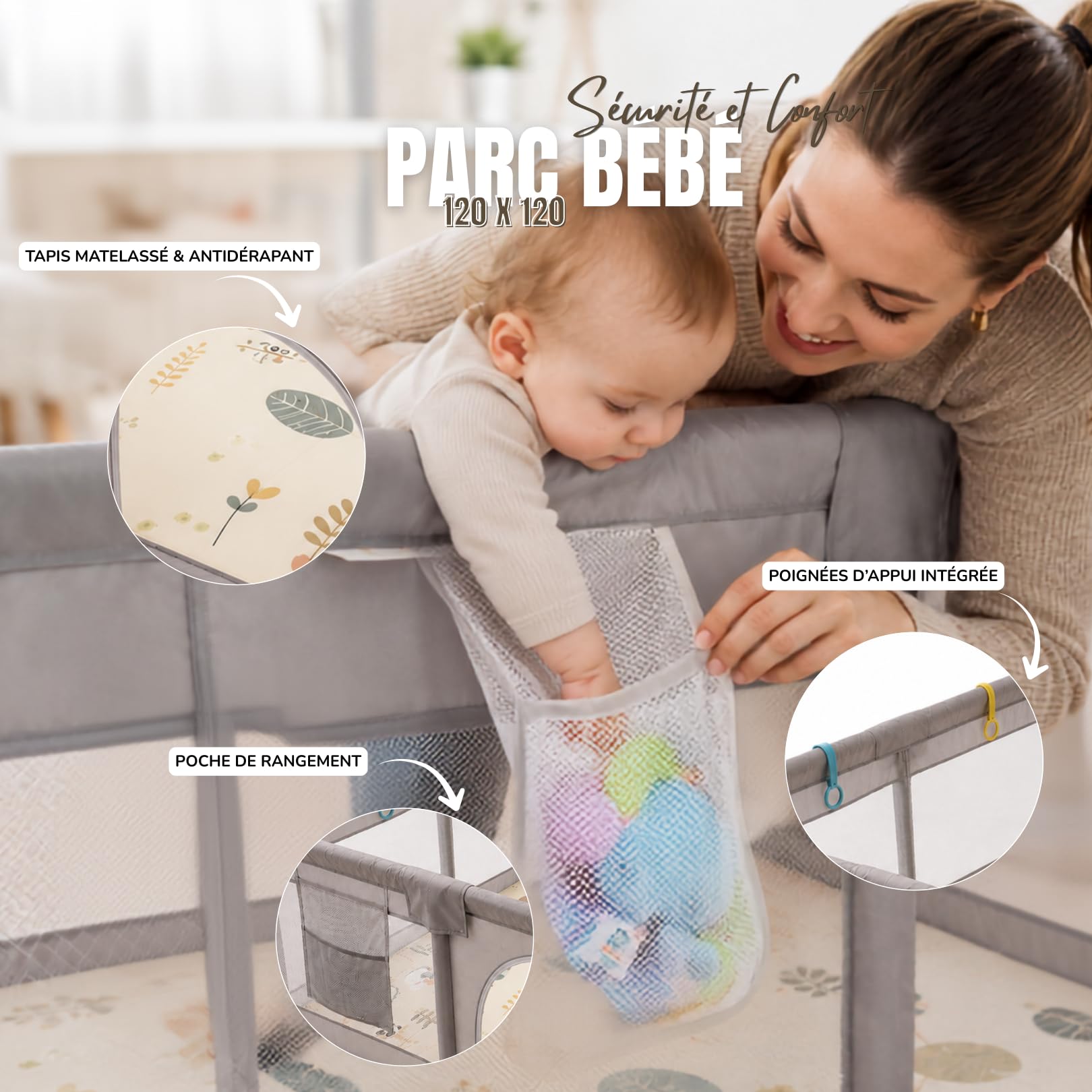 Parc Bébé 120x120cm - Tapis de sol inclus, Idéal Enfant & Bébé -Gris