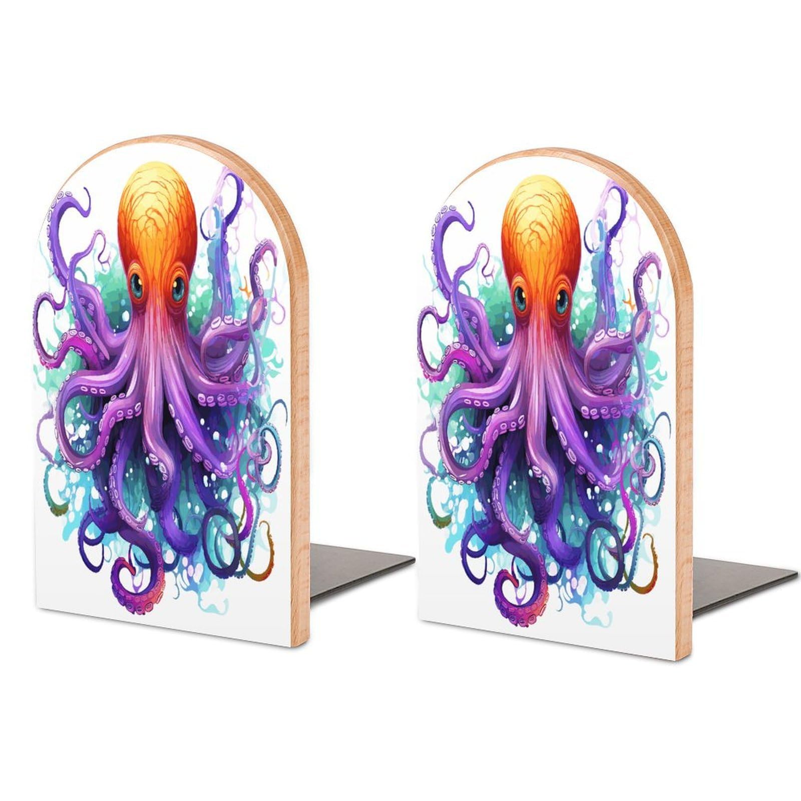 Colorful Octopus Bookends for Shelves Non Skid Book Stoppers Universal Economy Bookend Heavy Duty Wood Book End Decorative Book Shelf Holder for Home Office Desk 1 Pair