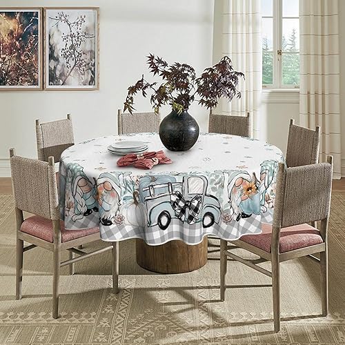 Miniatura 3 de Horaldaily Mantel redondo de otoño de 60 x 60 pulgadas, para decoración de mesa de fiesta de picnic y cena de Acción de Gracias, camión azul, gnomo,