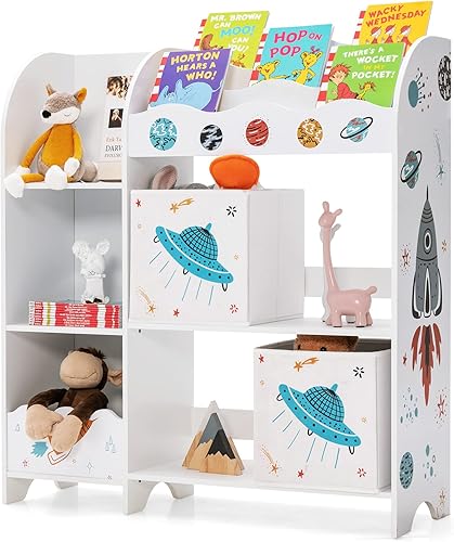 Miniatura 11 de HONEY JOY Organizador de almacenamiento de juguetes para niños, unidad de almacenamiento de madera con 2 cajas, estantería de exhibición para niños