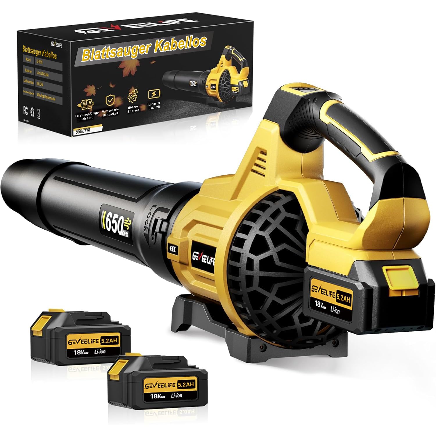 GEVEELIFE Cordless Leaf Blower, 20 V 257 km/h Electric Leaf Blower with 3 Speed  2 x 5.0 Ah Batteries - Wireless Leaf Blower for Garden, Leaves, Dust  Snow ⟮Includes Battery⟯, Yellow