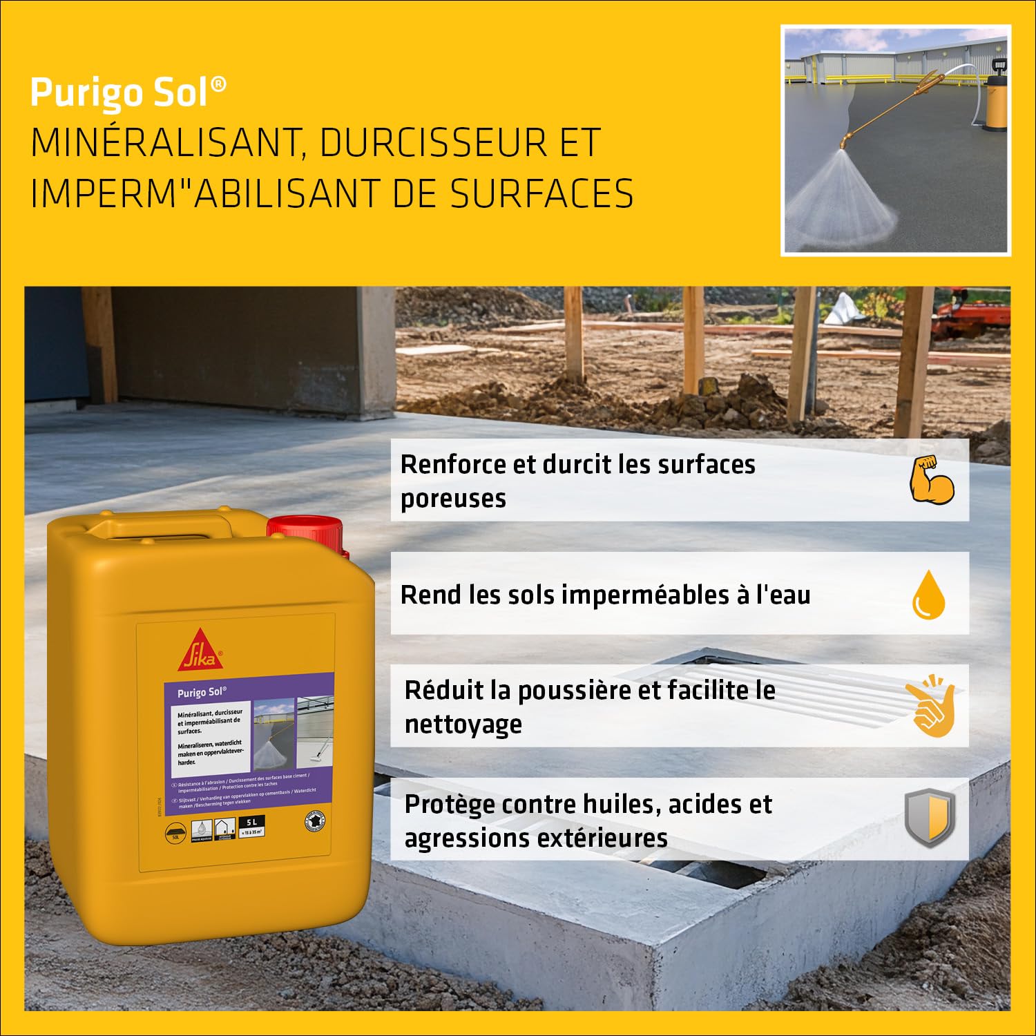 SIKA - Durcisseur de surface et Réducteur de poussières - Purigo Sol - Prêt à l’emploi - Anti-poussière pour dalles béton - Résistant à l’abrasion - Intérieur et Extérieur - 5L
