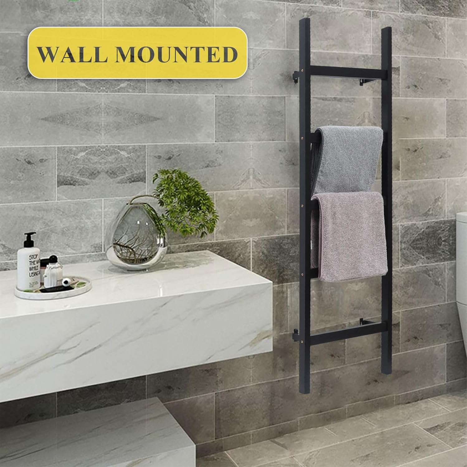 FUIN 57in Wall Mounted Wooden Blanket Ladder Living Room Decorative Farmhouse Quilt Display Holder Rustic Wood Towel Rack for Bathroom, Black