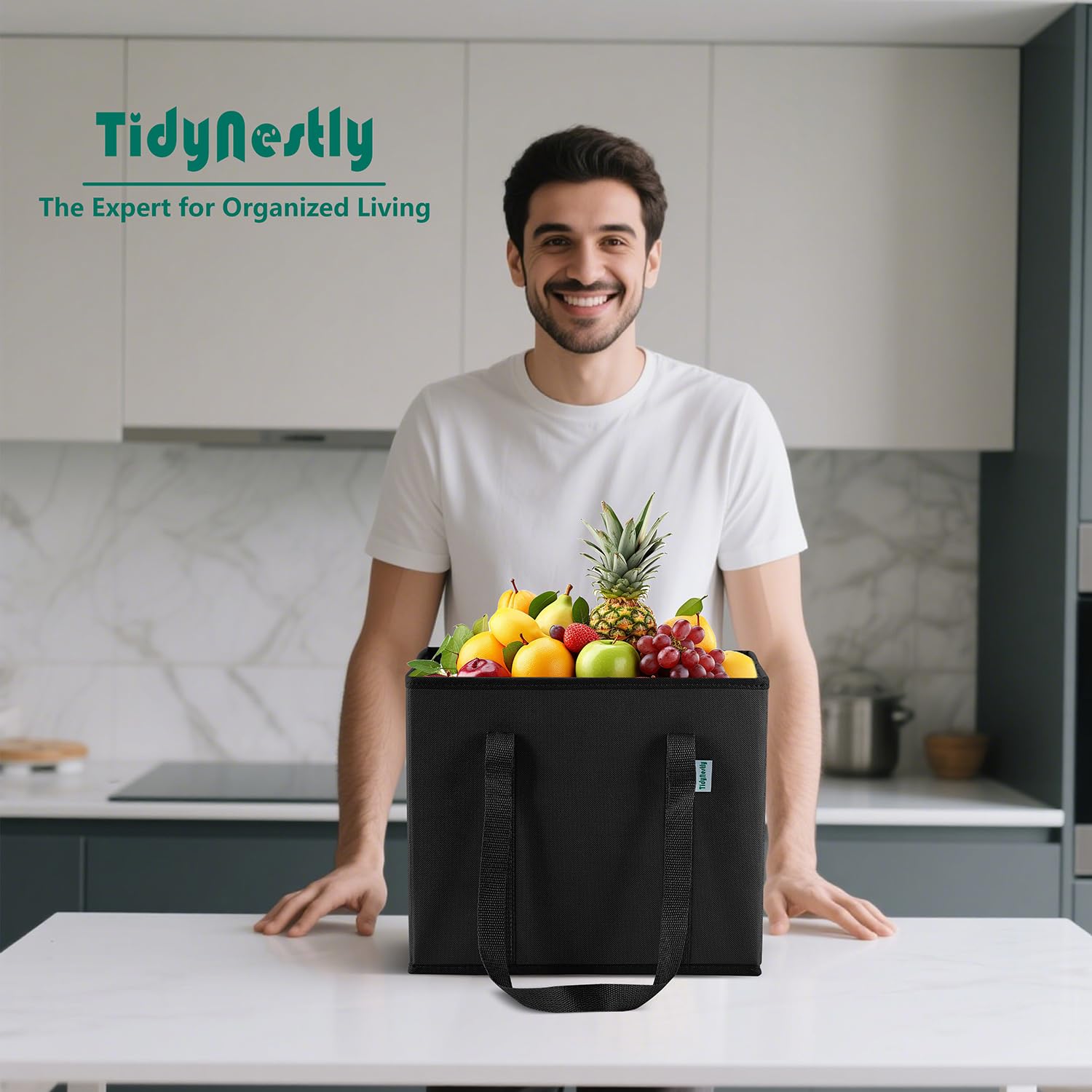 Sacchetti della spesa riutilizzabili pieghevoli (confezione da 4), borse per la spesa riutilizzabili resistenti con manici, grande borsa tote stand up a forma di scatola, borsa multiuso