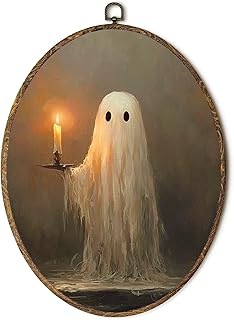 Yorhifa Halloween Ghost Framed Wall Art, Dark Academia Ghost Holding Candle Oval Wall Art, Spooky Halloween Oval Walls Decor, Vintage Gothic Canvas Artwork Hanging Decor, 8.5x11.5in