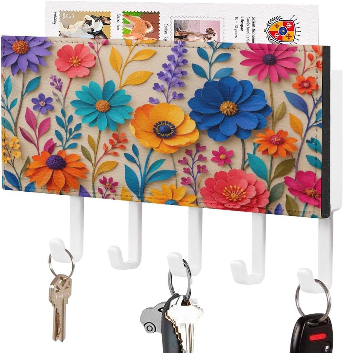 Paper Flowers Colorful PU Leather Wall Mounted Key Holder with 5 Hooks, Mail Organizer for Entryway Front Door Hallway Home Office Kitchen