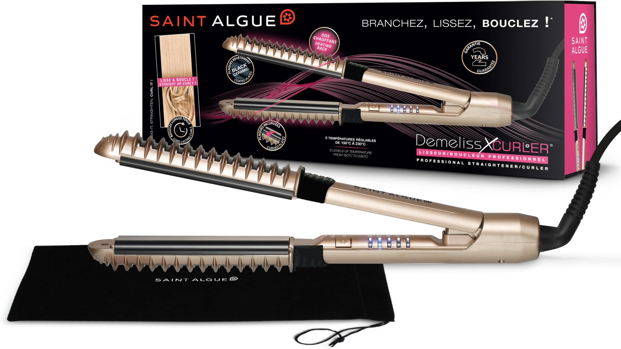 SAINT ALGUE Demeliss XCURLER - Professional Ceramic Straightener, 2 in 1 Curling Iron and Plate, for All Hair Types, Straight Hair / Curls / Waves, Temperature from 150 ° to 230 ° - Gold / Black