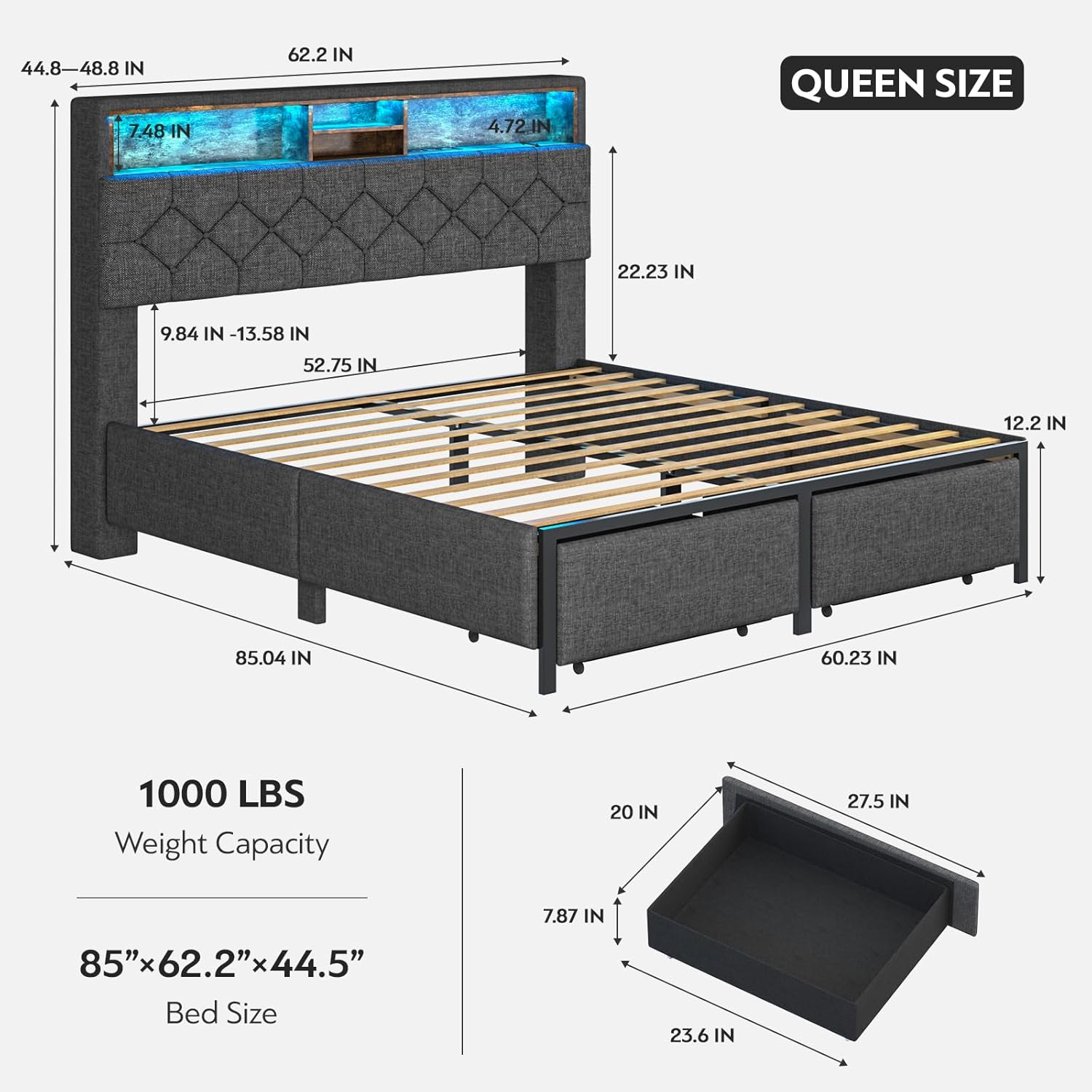 LED Queen Size Bed Frame with Adjustable Headboard and Hidden Storage Upholstered Queen Platform Bed Frames with 2 Storage Drawers Modern Bedframe for Kids No Box Spring Needed Dark Grey