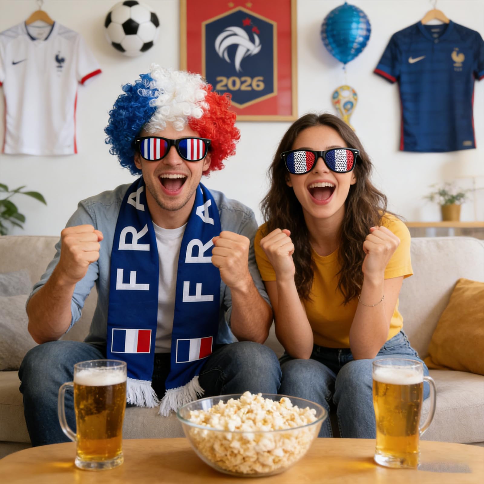 Kit Supporter France 7 Pièces, Football Accessoire avec Lunettes Écharpe Perruque et Drapeau pour Coupe du Monde 2026 Fête Garçons Filles au Stade