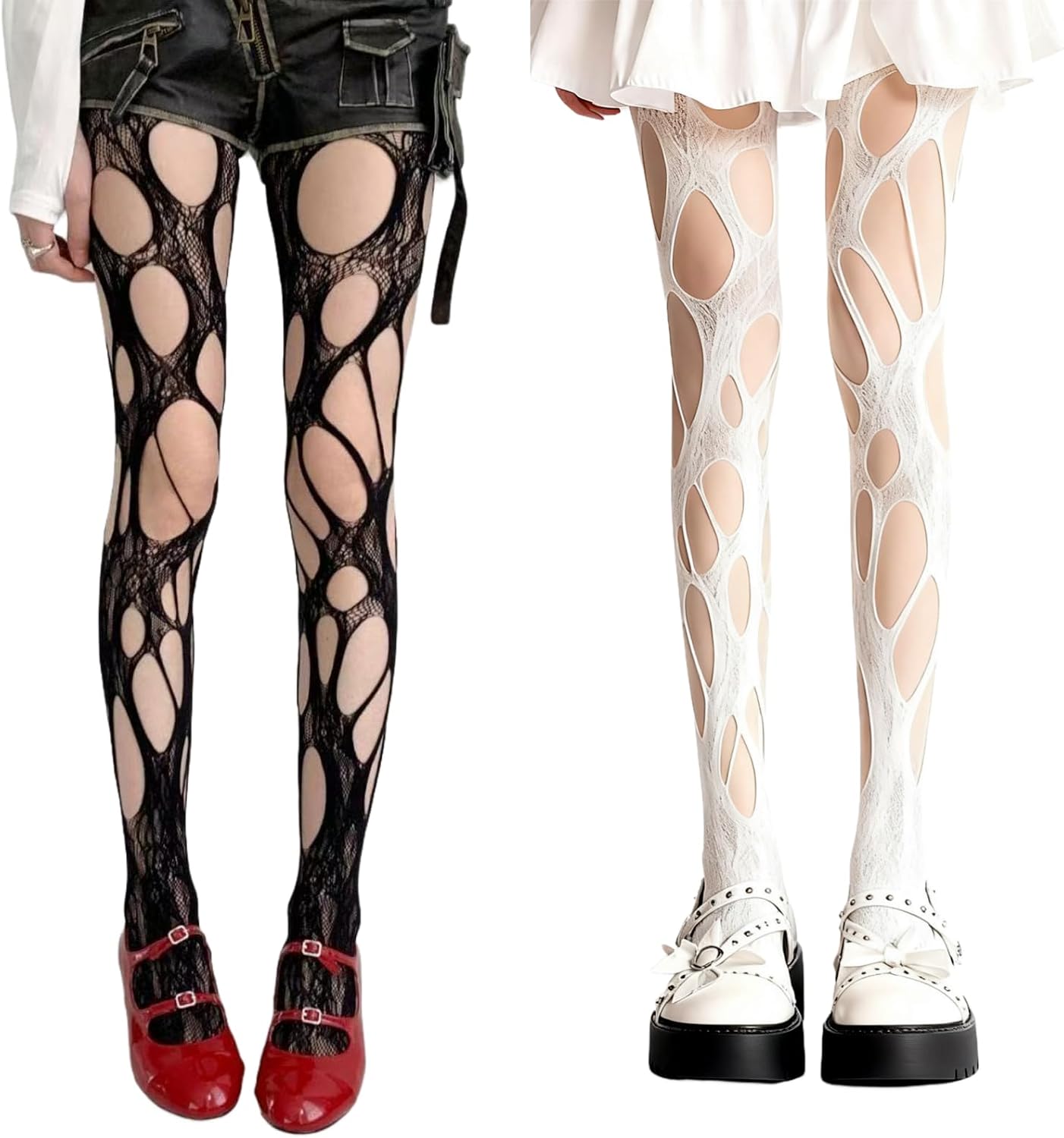 ZGMYC 2 Pack Ripped Fishnet Tights Gothic Pantyhose Stockings Sexy Mesh Irregular Hole Stockings Halloween Accessories