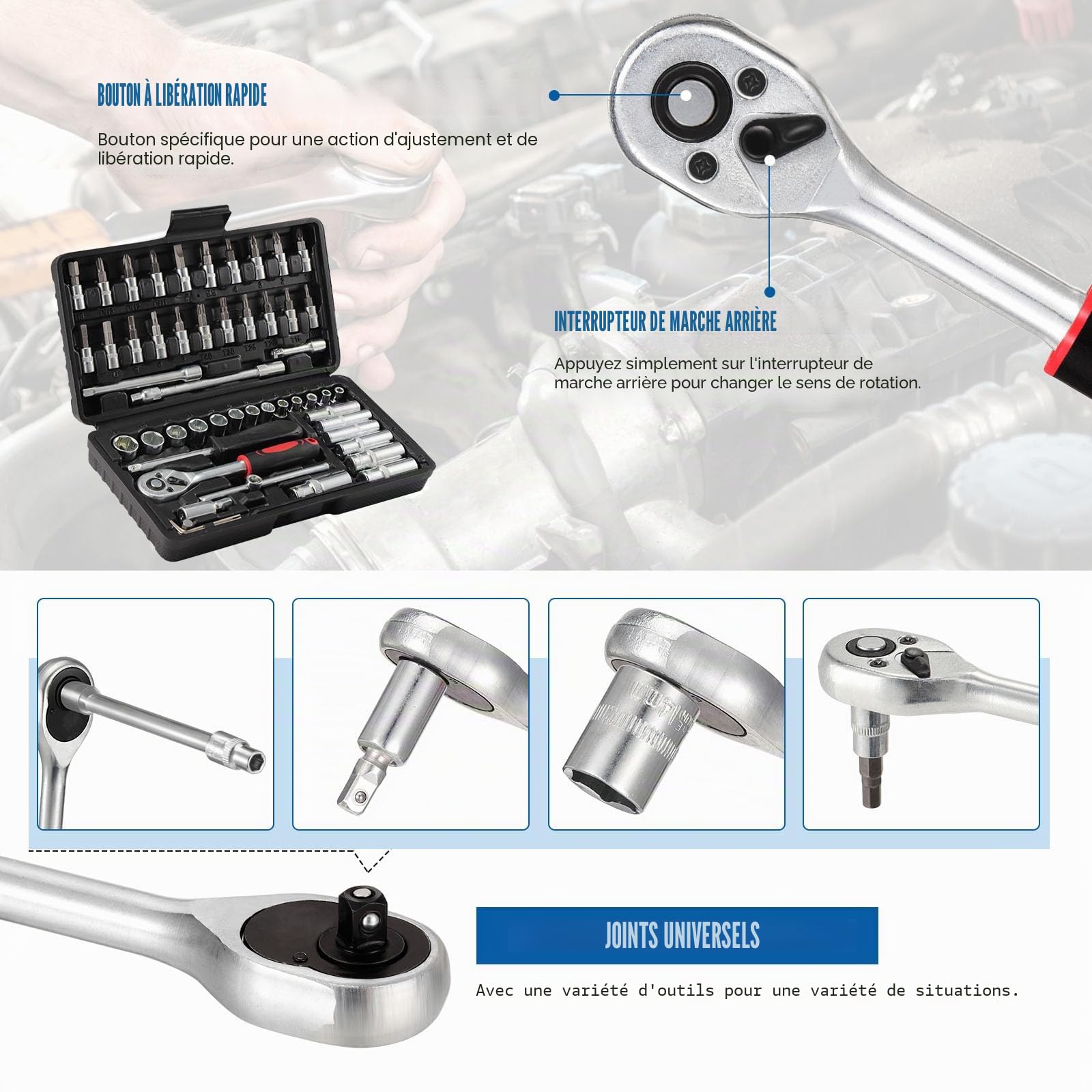 Lot de 53 douilles à cliquet 1/4" en acier CR-V, barre d'extension métrique et embouts pour bricolage, réparation automobile et ménage