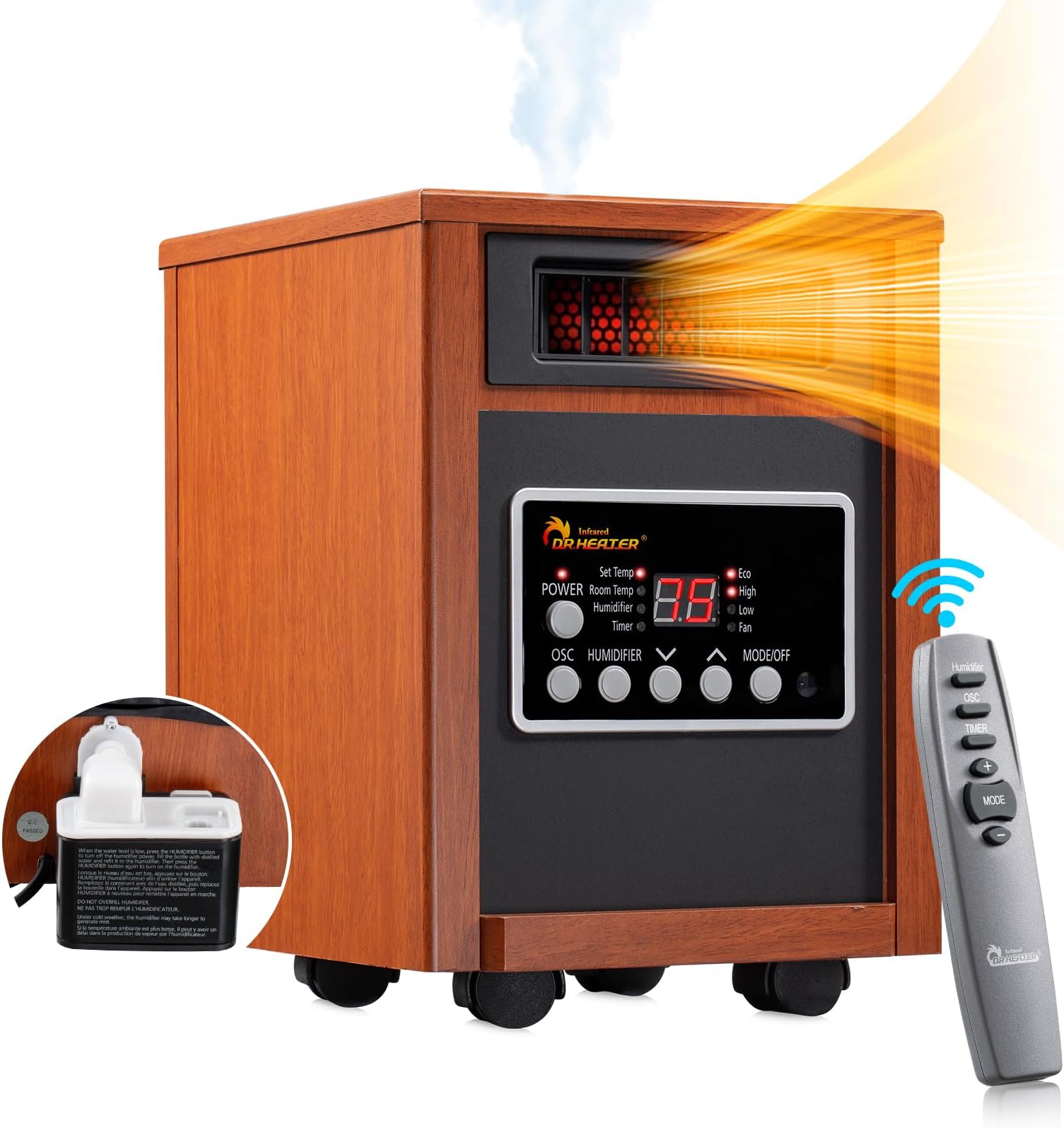 DR-998, 1500W Dual Heating Infrared Space Heater with Humidifier, Oscillation, Remote Control, Thermostat & Safety Protection, Portable with Wheels, Energy Efficient, Cherry