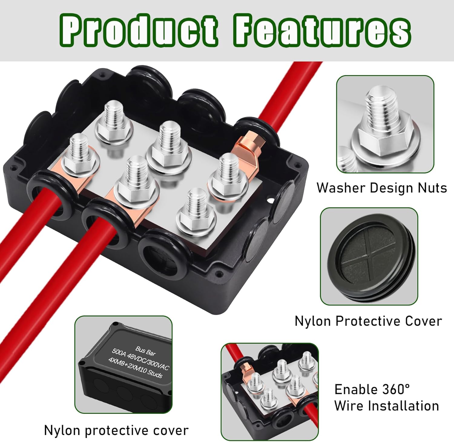 500A Bus Bar 48V DC Automotive Marine Battery Terminal Distribution Block 4 * 5/16"(M8)+2 * 3/8"(M10) Studs Waterproof Power Distribution Block for Car RV Automotive Boat