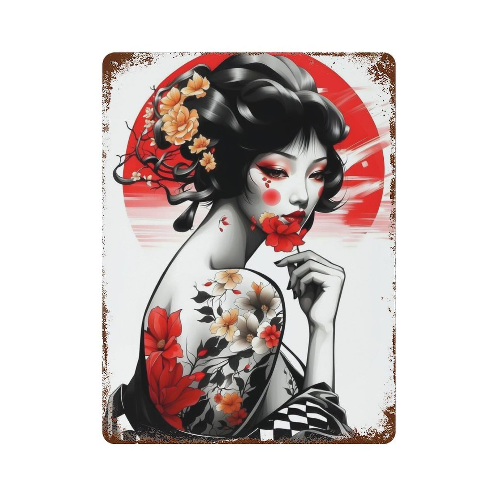 Vintage Rust Metal Sign with Girl Geisha Tattoo Design 15.7"x11.8", for Garage, Bar And Workshop Decor, Retro Wall Decor