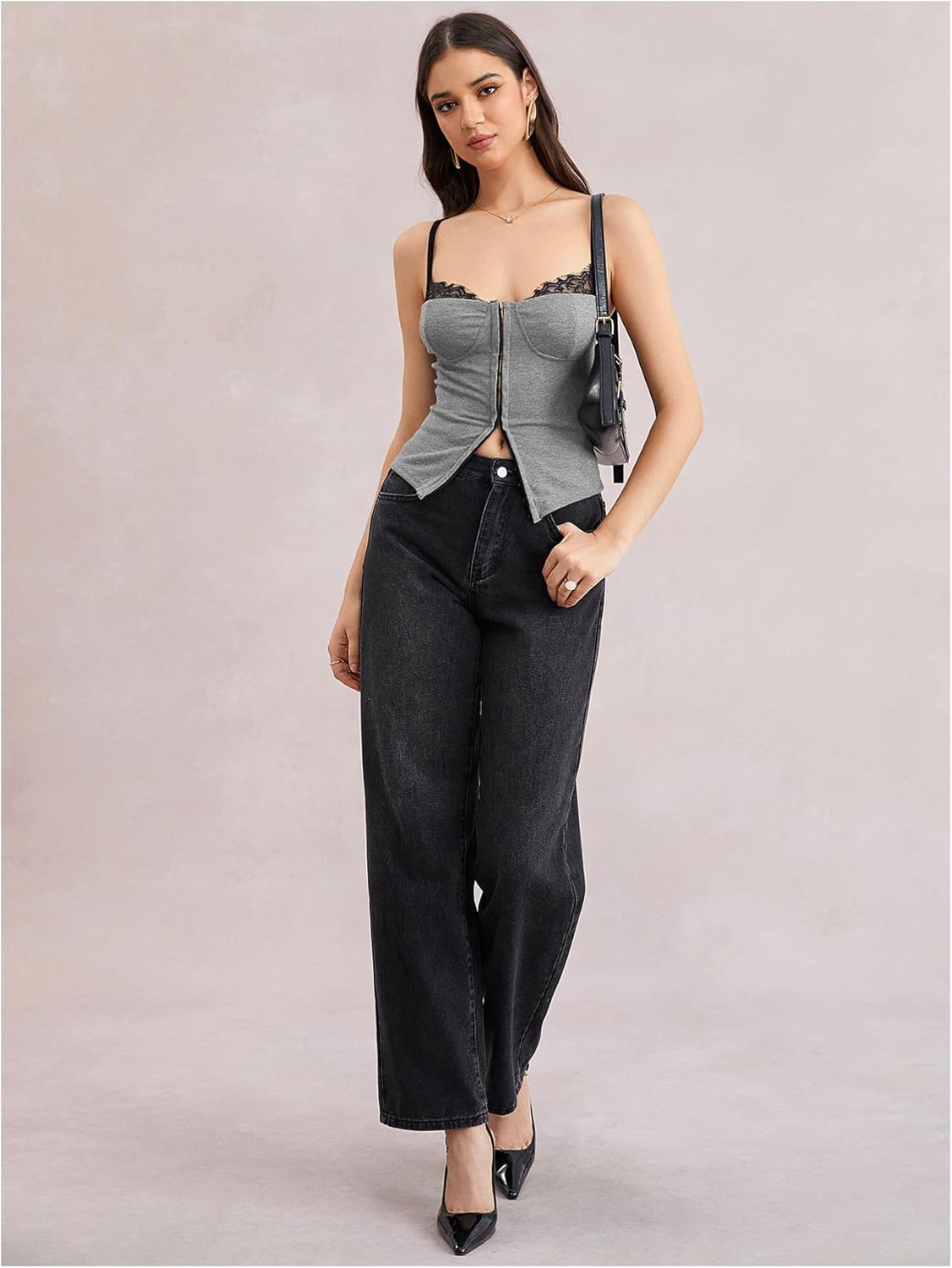 MakeMeChic Women's Lace Spaghetti Strap Camisole Top Sleeveless Split Summer Tank Tops - Image 5