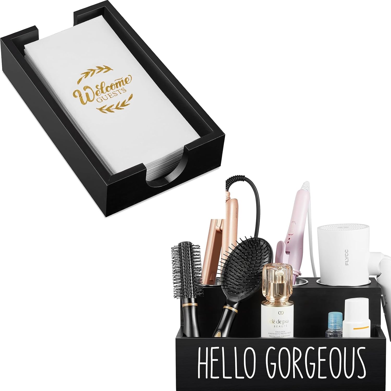 Guest Towel Holder Tray for Bathroom Bundle Hair Tool Organizer Wall Mount, Wooden Hair Dryer Holder Countertop