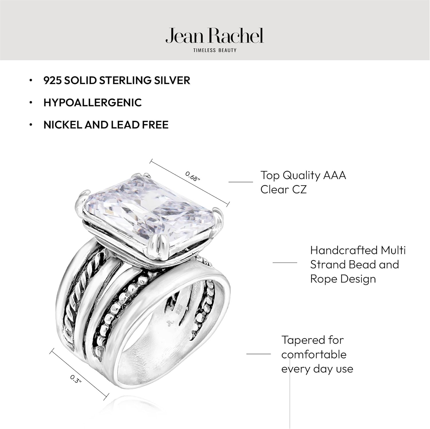 JEAN RACHEL JEWELRY 925 Sterling Silver Ring - Rope Bead with Octagon Cubic Zirconia Vintage Design - Hypoallergenic, Lead & Nickel Free - Artisan Handcrafted Statement Rings for Women - Image 5