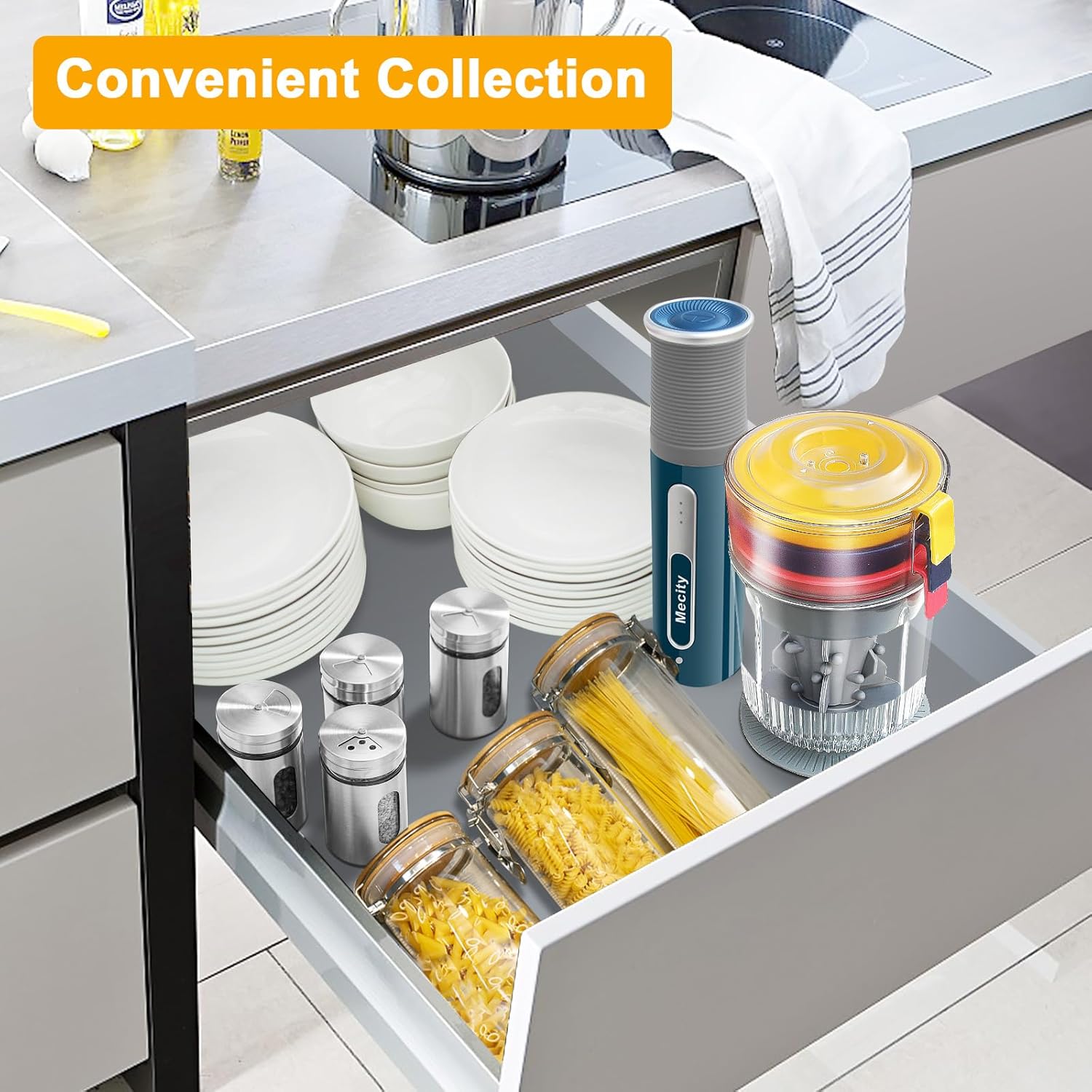 Mecity Cordless Food Processor components neatly stored in a kitchen drawer