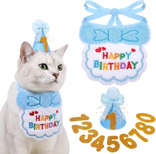 Cat Birthday Hat and Bandana Set, Blue, Soft Fabric, Adjustable Straps, with Number Stickers, 3 Piece Party Decoration Kit