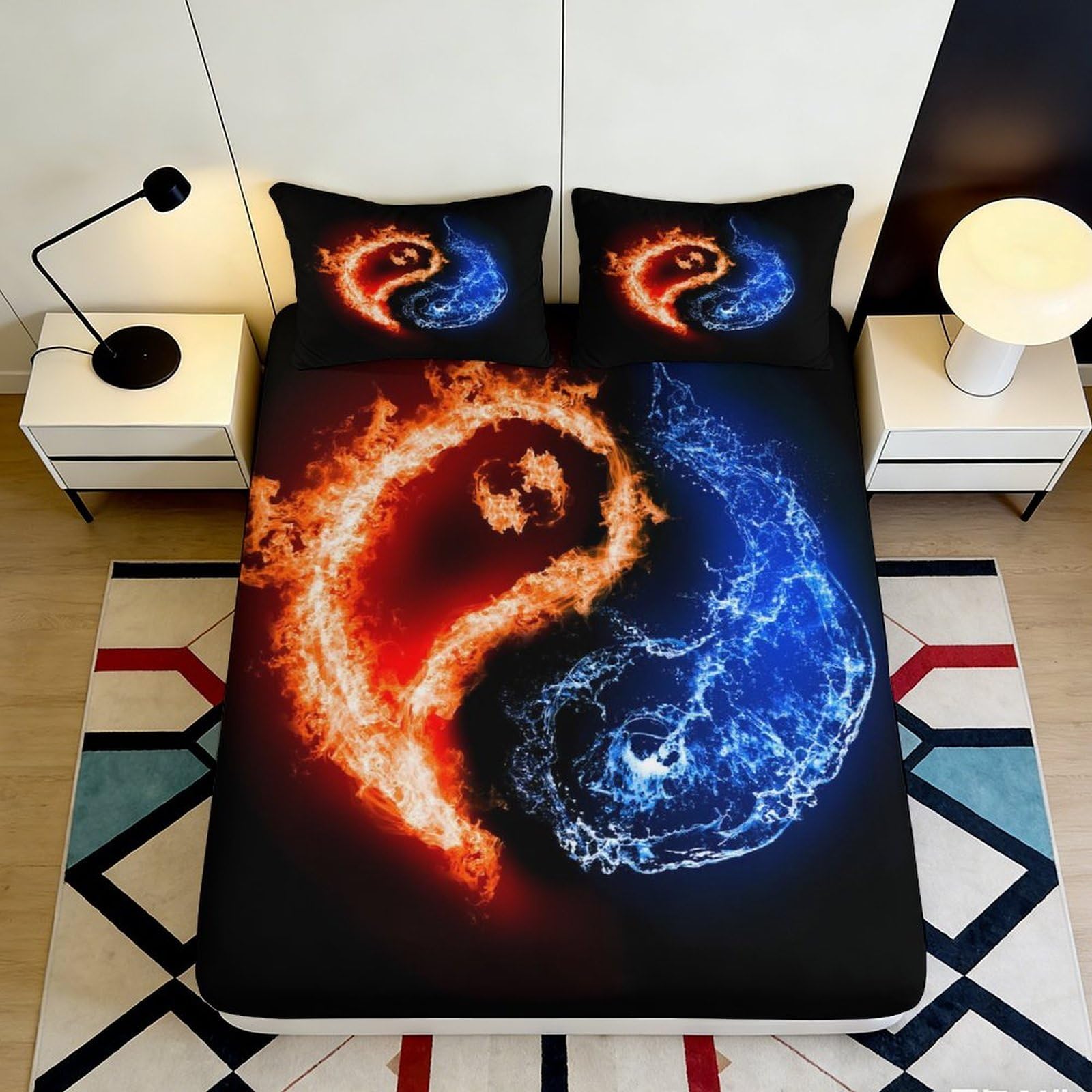 3D Printed Fire Water Yin Yang Fitted Sheet Microfiber Non-slip Mattress Cover for Bedroom Dorm Easy Care Decor 160x200x25cm
