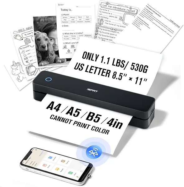iDPRT Portable Thermal Printer, 203 DPI, 8.5 x 11 inch, Wireless Bluetooth for Travel and Vehicle, Inkless Mobile Printing