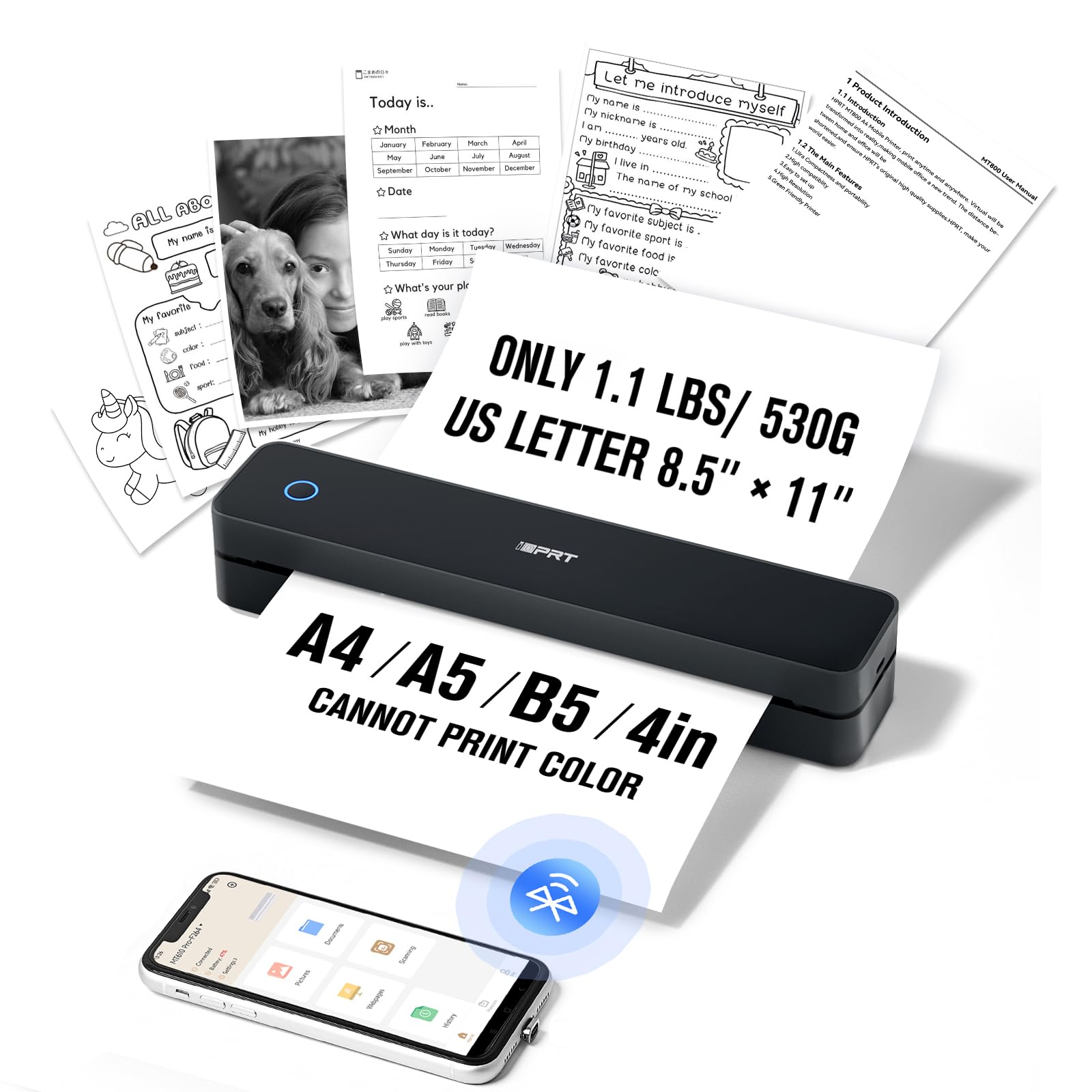 iDPRT Portable-Printer Wireless for Travel, Inkless-Small-Thermal-Printer for Home Use, Office, Vehicles, Mobile Bluetooth Printer Supports 8.5" x 11" US Letter&A4, for Smartphone & PC(203dpi,Black)
