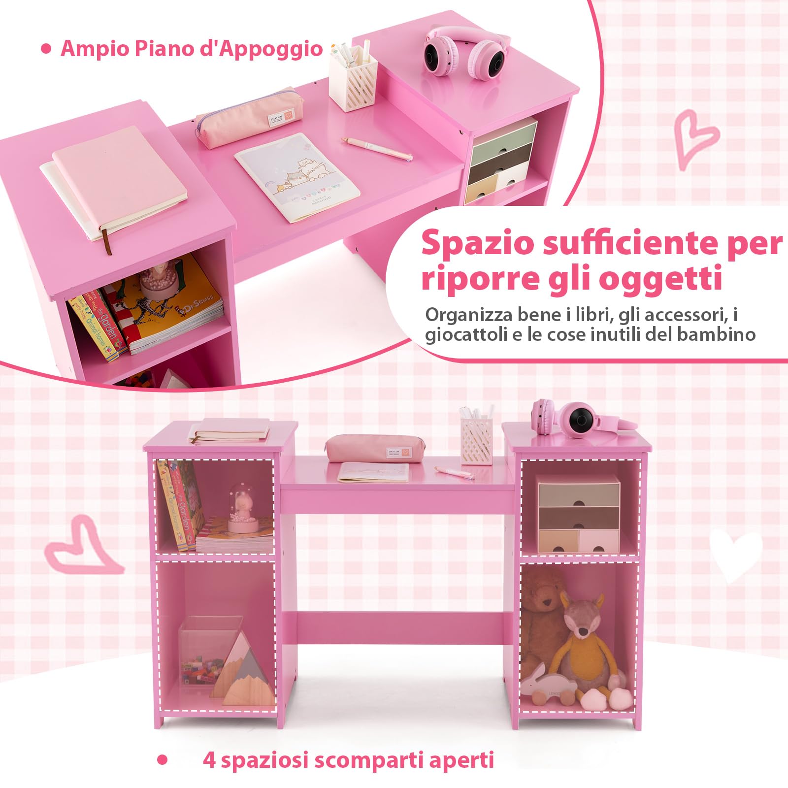 COSTWAY Set Toeletta per Bambini 2 in 1, Set Postazione Trucco in Legno con Sedia, Specchio a 3 Ante Rimovibile e 4 Scomparti, per Bambini 3+ Anni (Rosa)