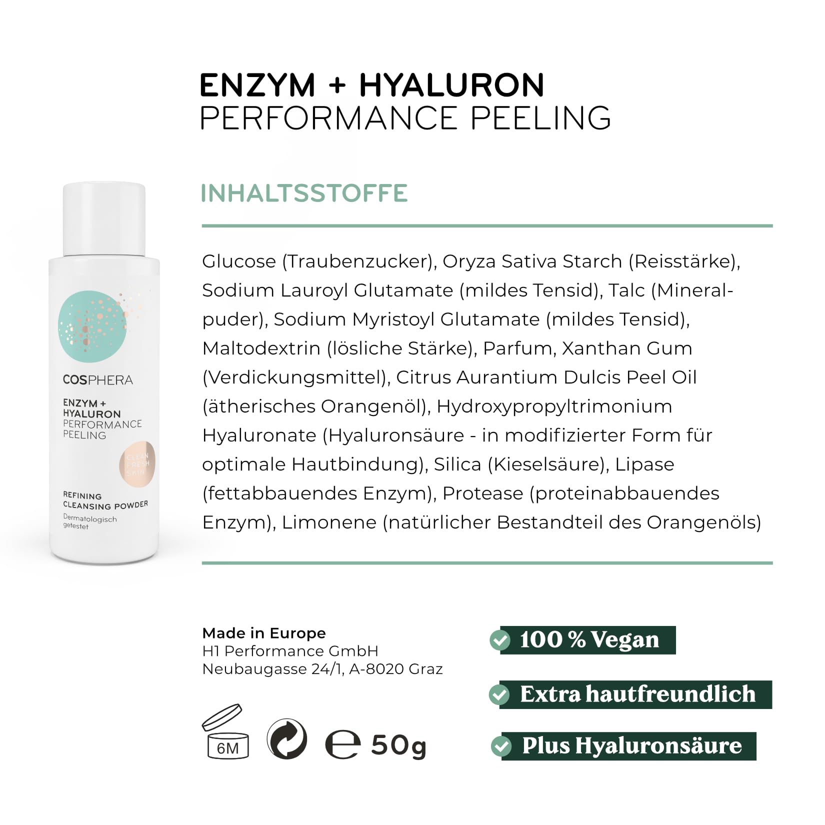 Peeling enzymatyczny do twarzy z kwasem hialuronowym (100% wegański enzym w proszku) – delikatne, głębokie oczyszczanie porów dla gładkiej skóry, zmniejszenia porów oraz przeciwko trądzikowi i