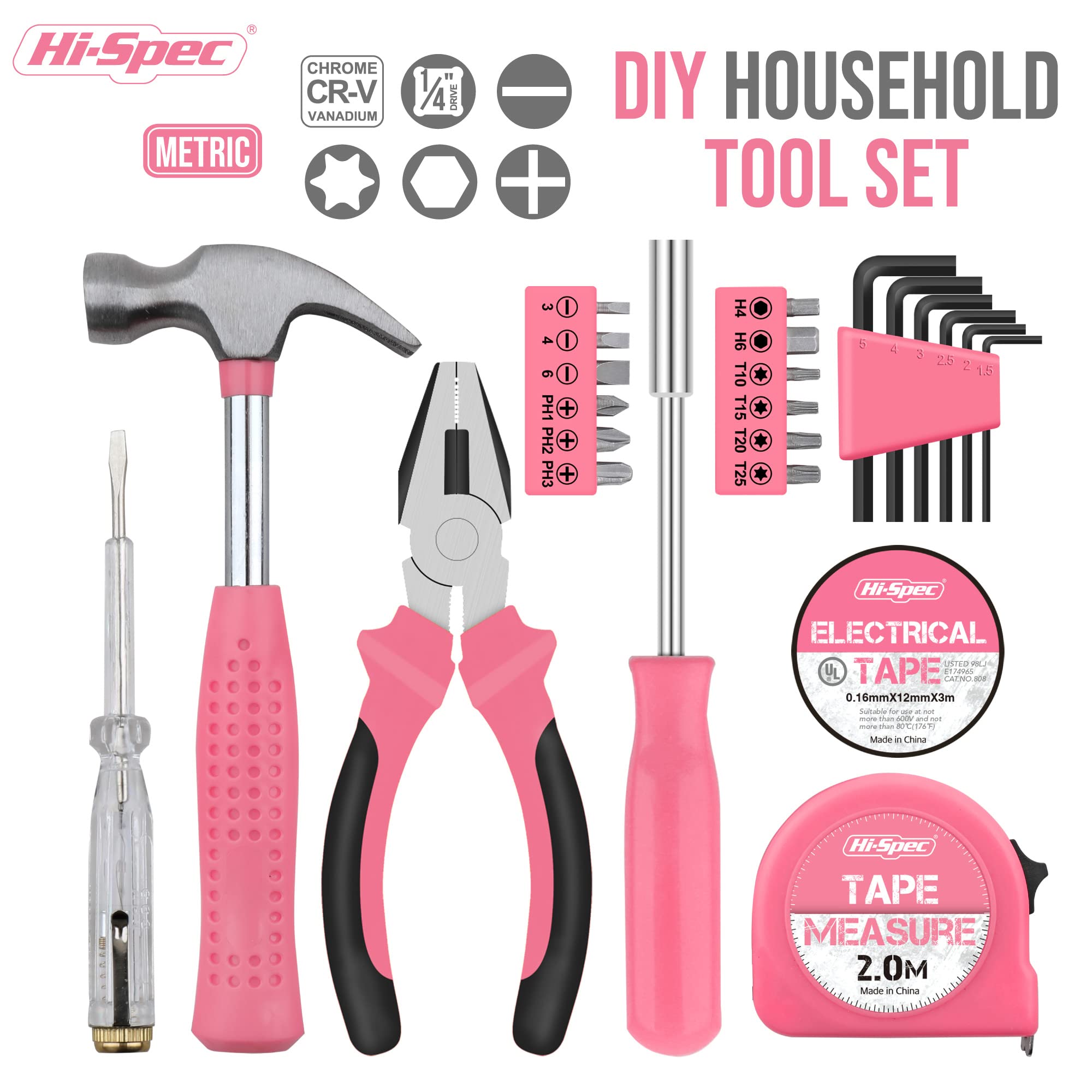 Hi-Spec Pink Small Tool Kit for Home DIY Repairs & Crafts, 24pc Lady Tool Set including Mini Hammer, Pliers, Screwdriver Set - Image 2