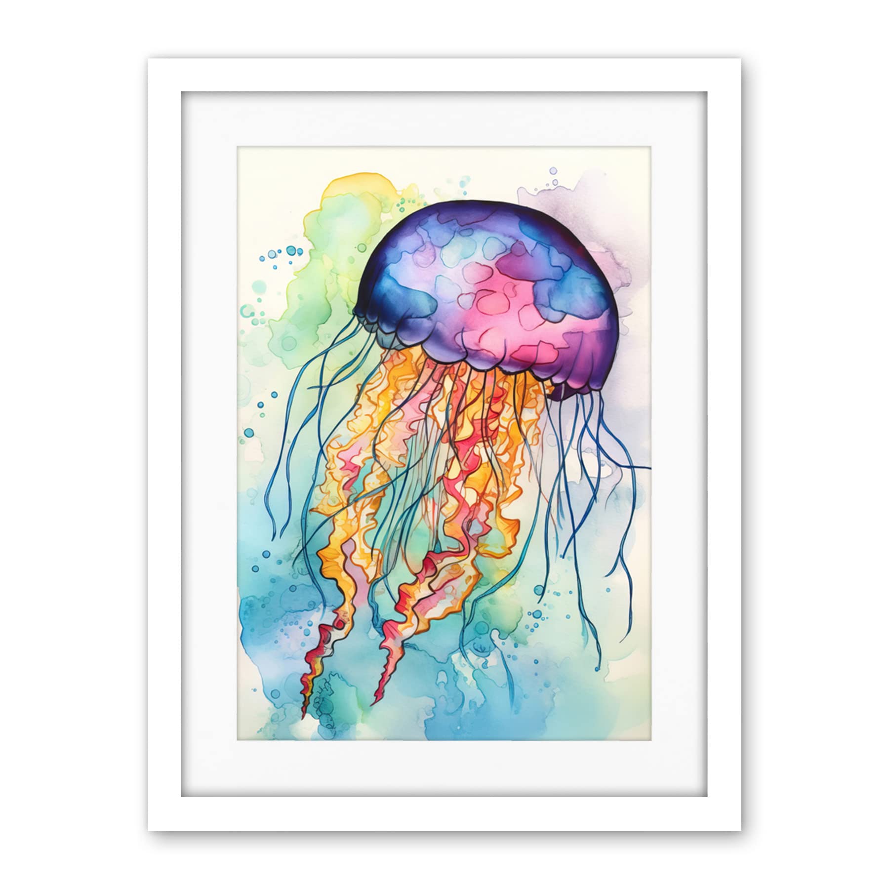 Artery8 Jellyfish Swimming Folk Art Watercolour Painting Artwork Framed Wall Art Print 18X24 Inch