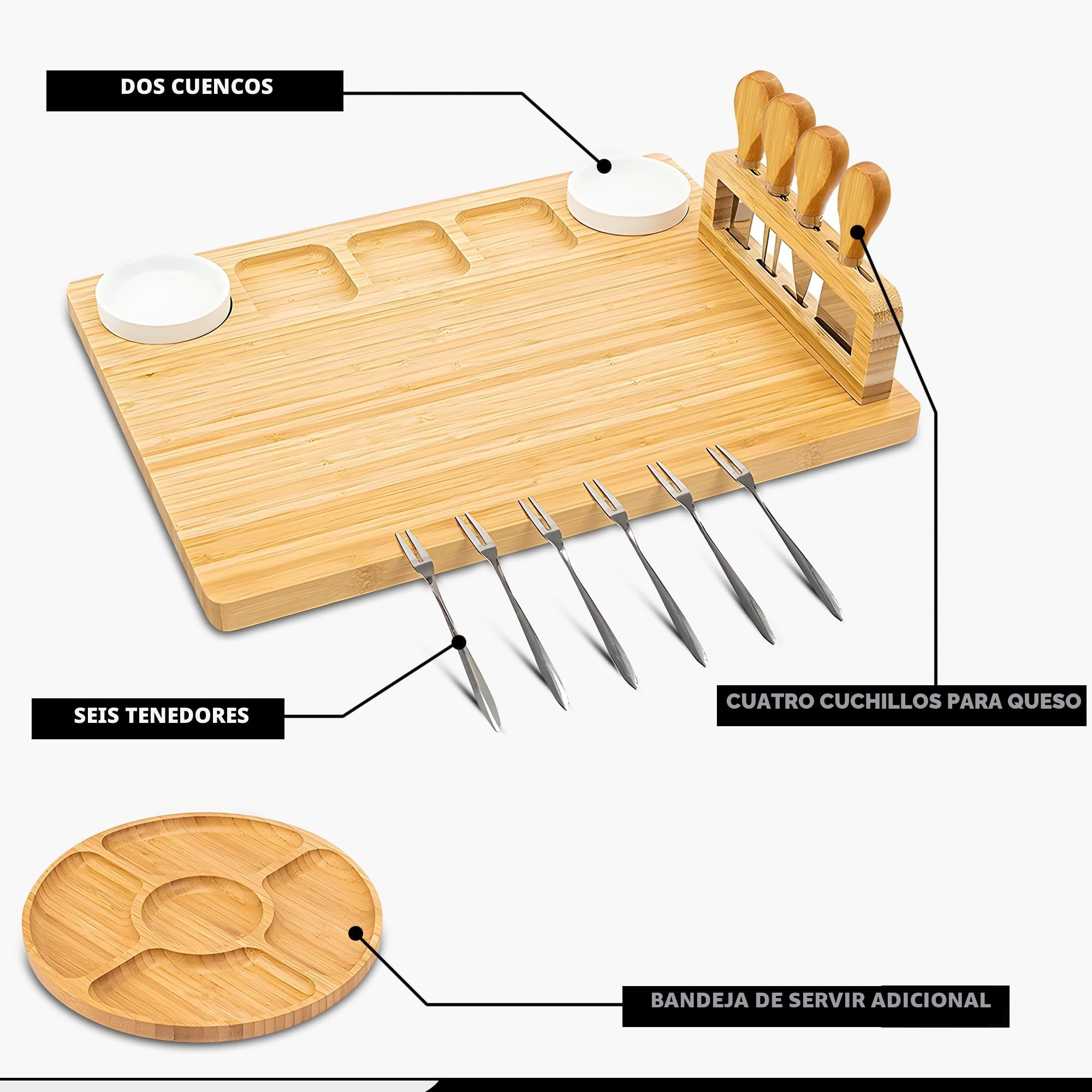 Tabla de Quesos de Bambú con Cuchillos y Tenedores - Set de Tabla para Aperitivos y Embutidos con Bandeja de Servicio | Bandeja de Madera Ecológica para Tapas, Fruta y Carne | Regalo Original