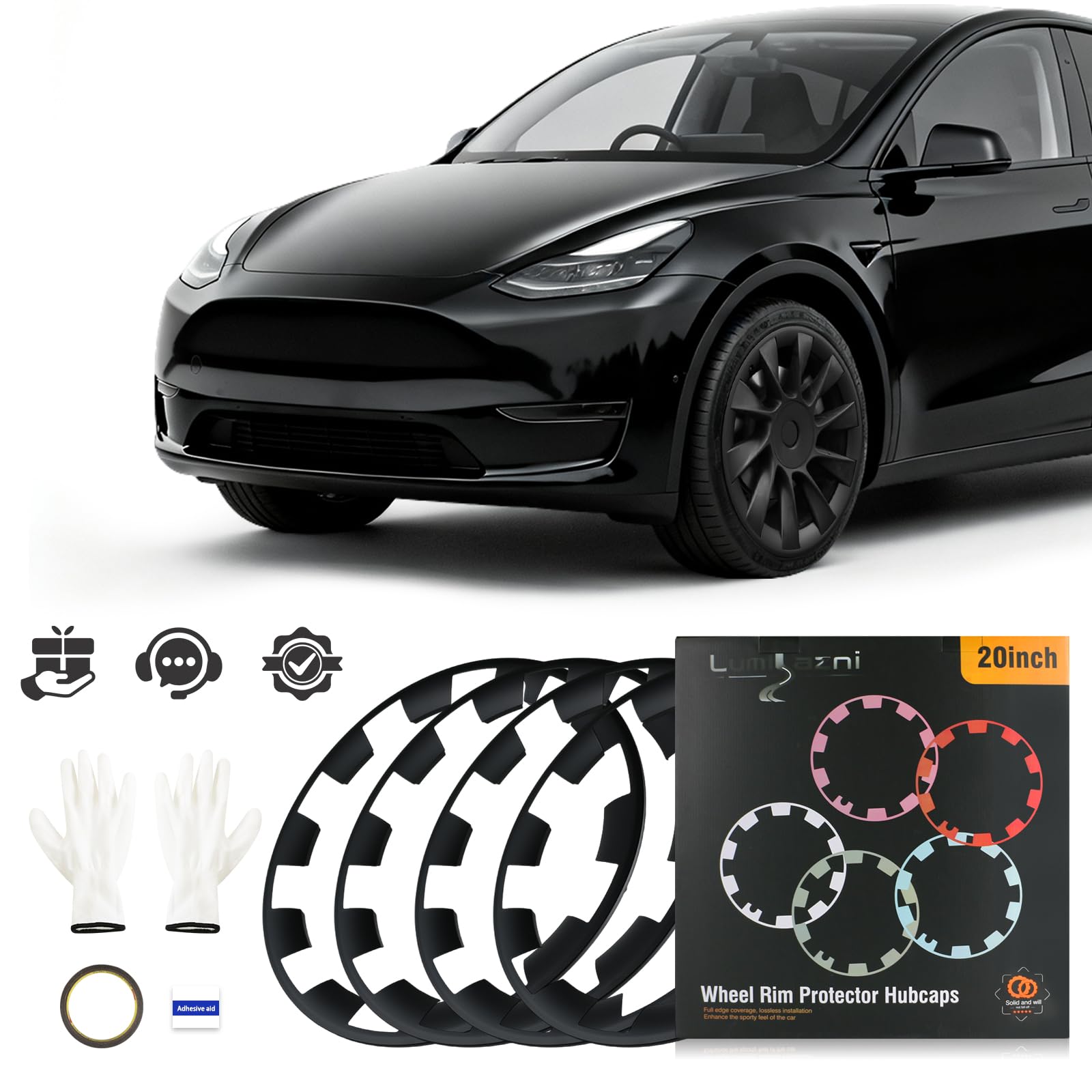 Copricerchi protettivi per Tesla Model Y 20 pollici (2020-2024), facili da installare, anelli di rivestimento resistenti ai graffi, design elegante per ruote a induzione, nero opaco, 4 pezzi accessori