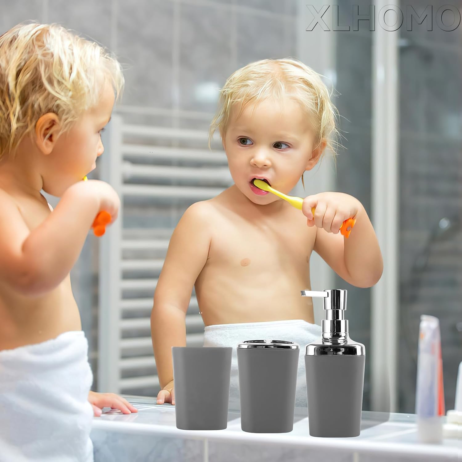 Grey Bathroom Accessories Set, Bathroom Sets with Shower Curtain and Rugs, Trash Can, Tray, Soap Dispenser, Soap Dish, Toothbrush Holder, Toothbrush Cup,Toilet Brush and Qtip Holders for Home