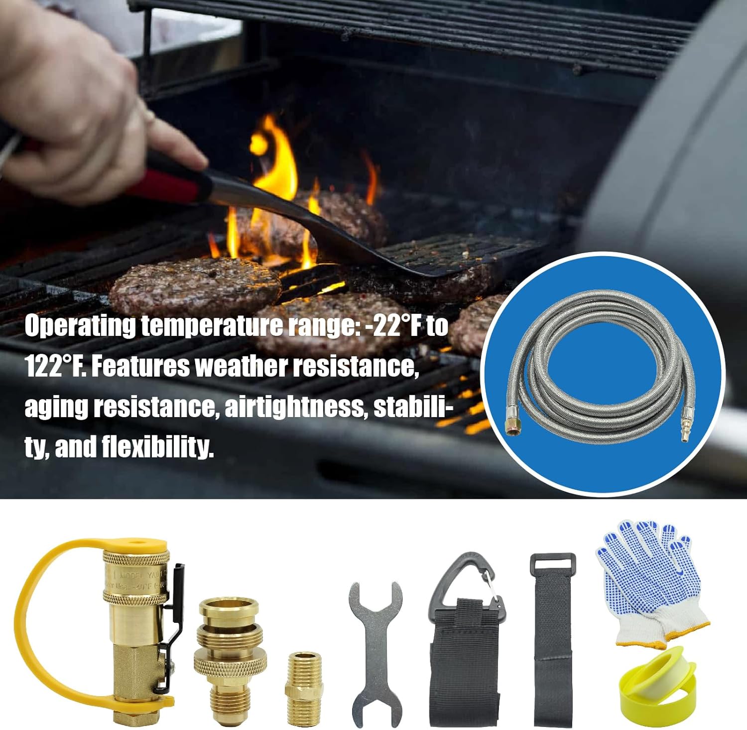 12FT Quick Connect Propane Hose for RV, 1/4'' Quick Disconnect Connect for RV to Gas Grill, with Safety Shutoff Valve, Fits for 1 LB Portable Appliance to RV 1/4" Female Quick Disconnect