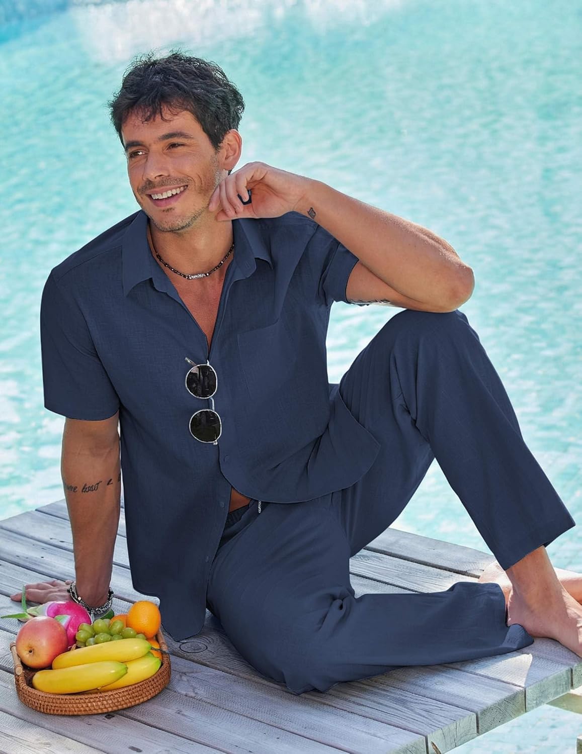 COOFANDY Men's 2 Piece Linen Beach Outfits Short Sleeve Button Down Shirts Loose Pants For Men - Image 3