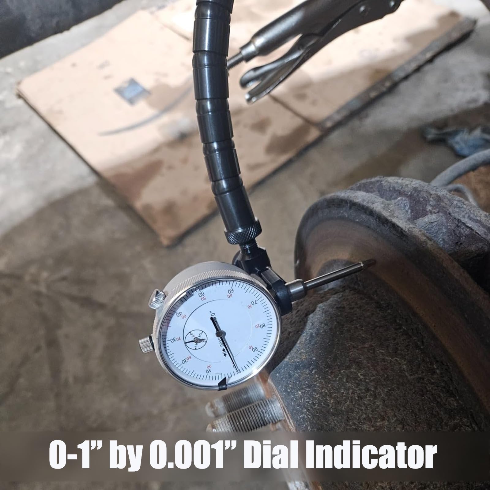 Disc Brake Rotor Ball Joint Gauge, 0-1” by 0.001” Dial Indicator, Automobile Brake Disc Flatness Runout Backlash Measuring Tool, with 13” Flexible Stem Holder & Locking Pliers