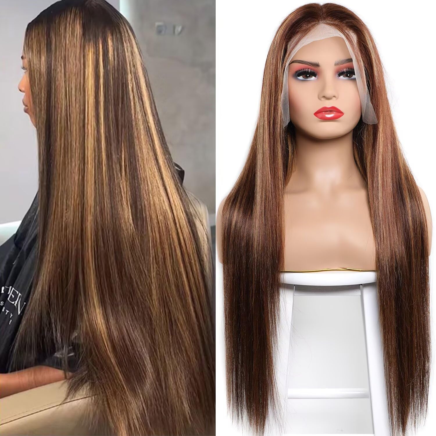 Lemoda 13x6 Highlight Straight Lace Frontal Human Hair Wigs Ombre 4/27 30Inch Outlets Sale 200 Density 13x6 HD Transparent Lace Front Wigs Pre Plucked 30 Inch 1