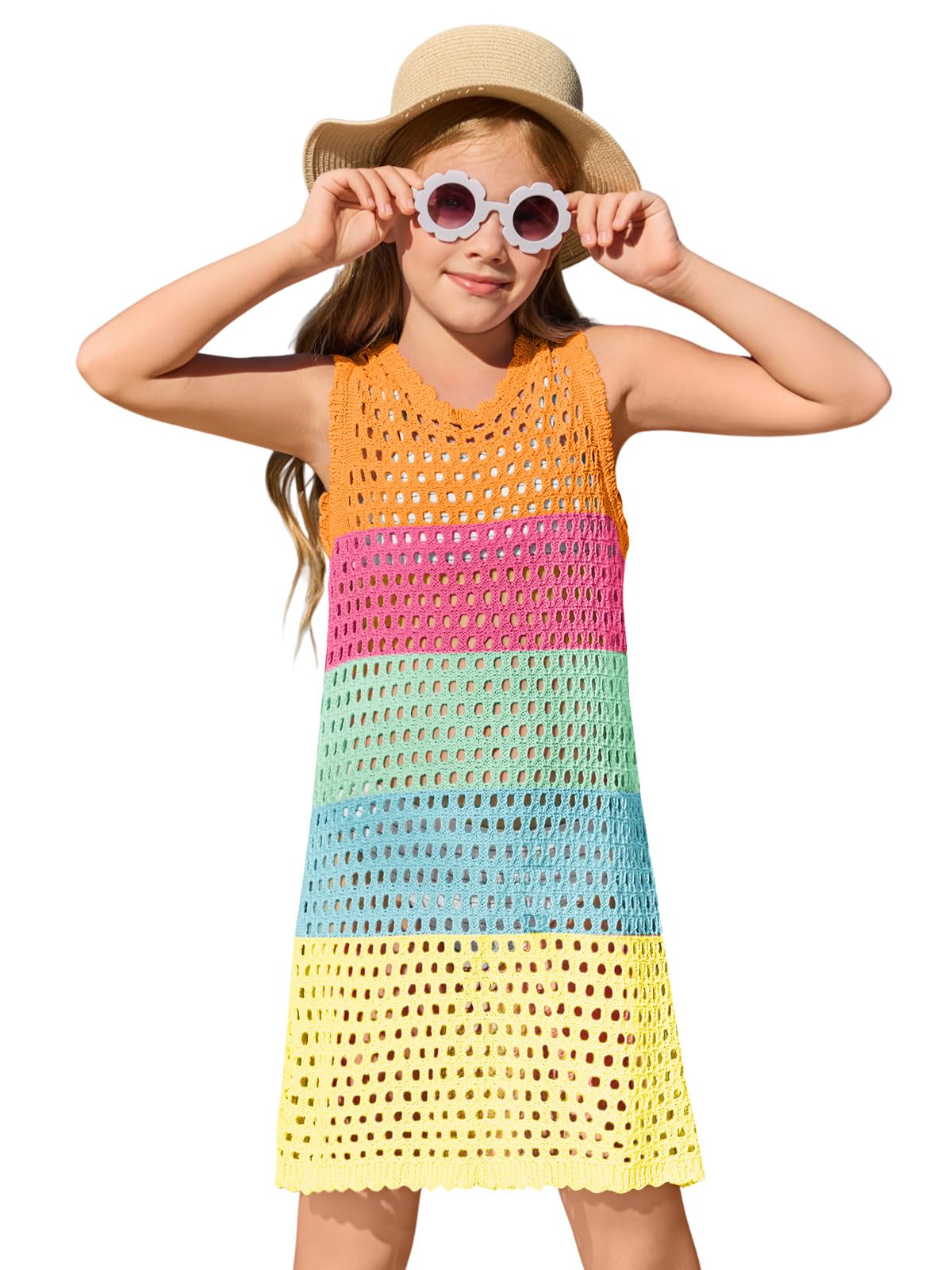 Haloumoning Girls Color Block Crochet Knit Swim Cover up Kids Summer Sleeveless Beach Dress 5-14 Years
