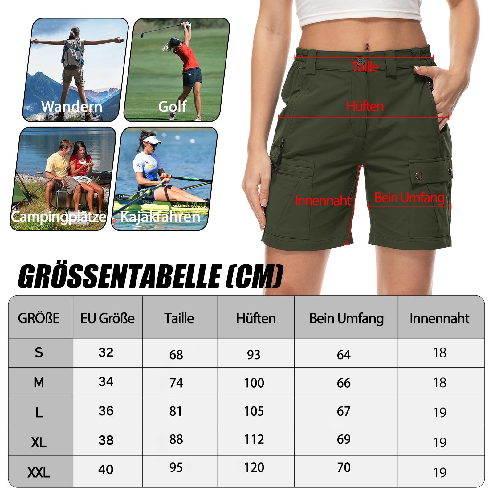 Pantaloncini Donna Cargo Corti Estate Vita Elastica Leggeri Asciugatura Rapida Pantaloni da Trekking con 4 Tasche