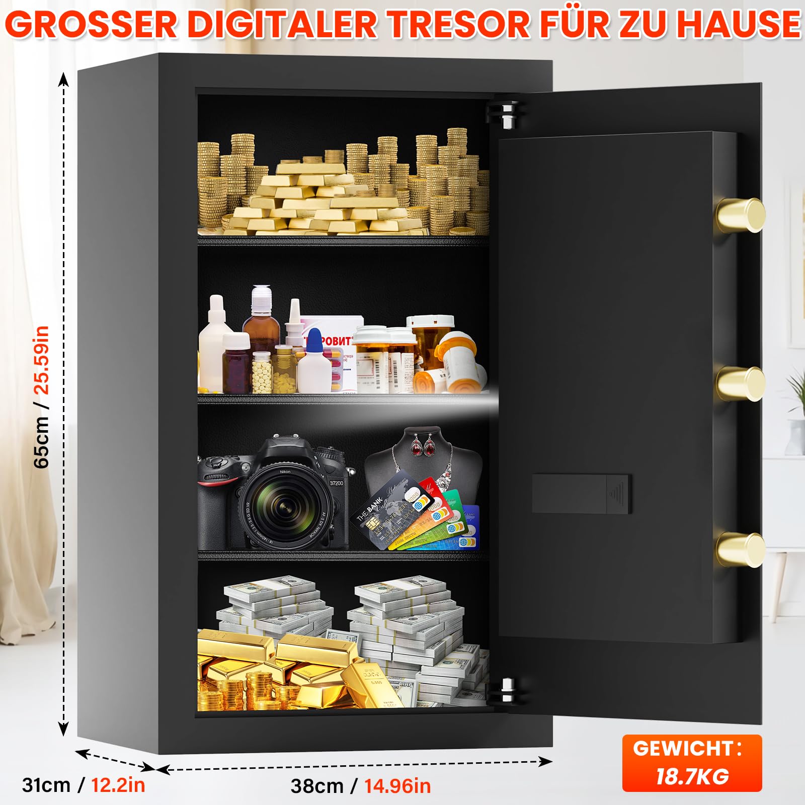 Cassaforte ignifuga da 85 l, con tasca portadocumenti ignifuga, cassaforte digitale con ripiano rimovibile, cassaforte per mobili, documenti oro, gioielli di valore