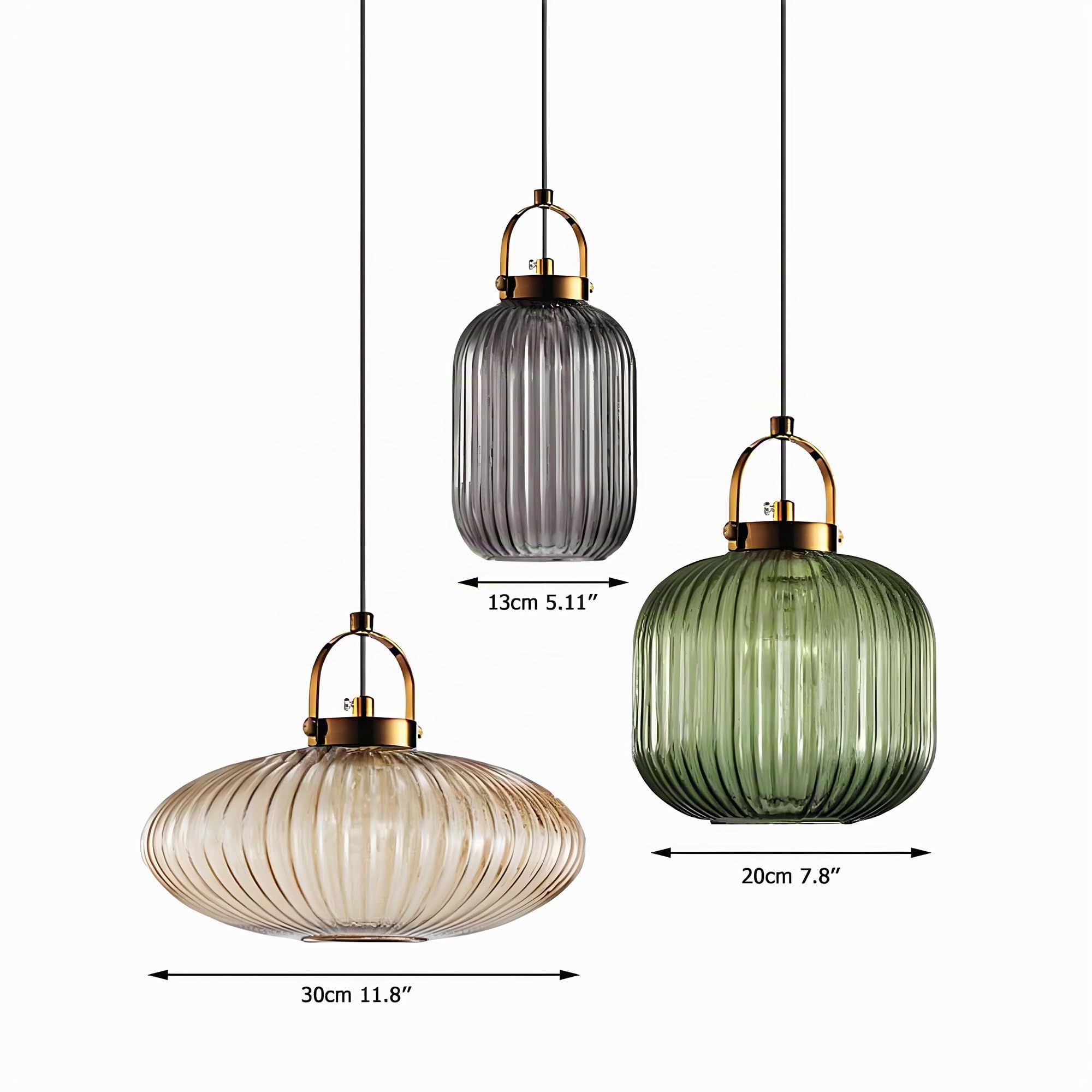 Lámparas colgantes, portalámparas dorado con pantalla de vidrio rayado, lámpara colgante, lámpara de techo para cocina, sala de estar, dormitorio (Ámbar, S)