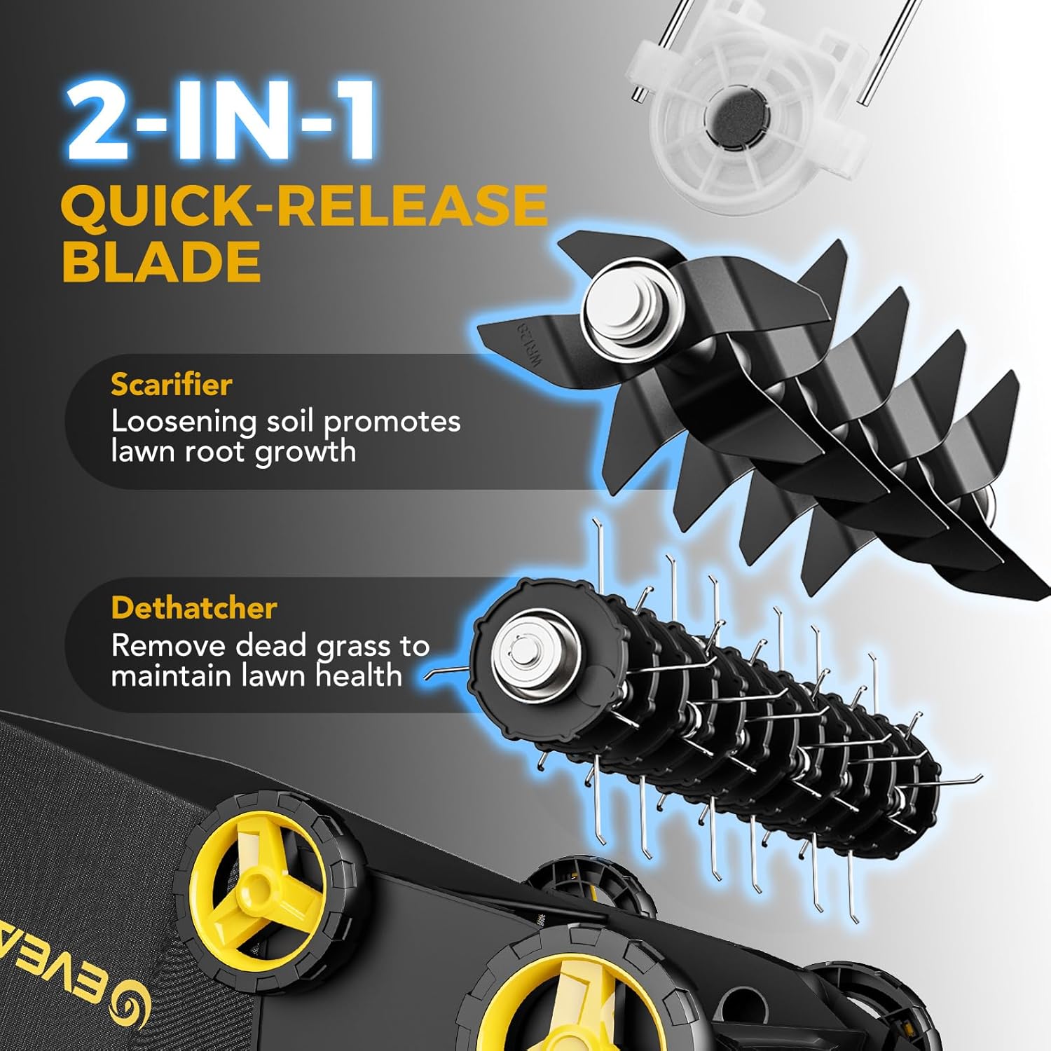 EVEAGE 16 Inch 2-in-1 Electric Dethatcher and Scarifier 5-Position Depth Adjustment,Lawn Dethatcher with 15 Amp Copper Motor, Removeable 14.5-Gal Collection Large Capacity Bag,Quick-Fold,Yellow