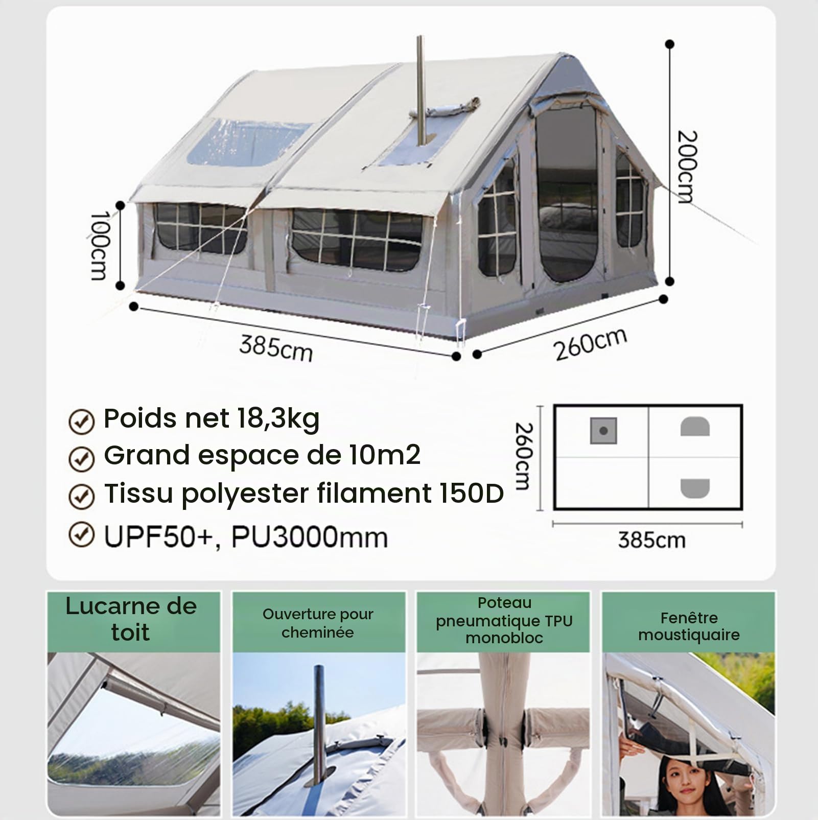 Tente De Camping Gonflable avec Ouverture De Cheminée, Tente Gonflable, Grande Tentes Extérieure Imperméables avec Pompe À Air pour 6-8 Personnes, Tentes Camping Familiale, Protection UPF 50+